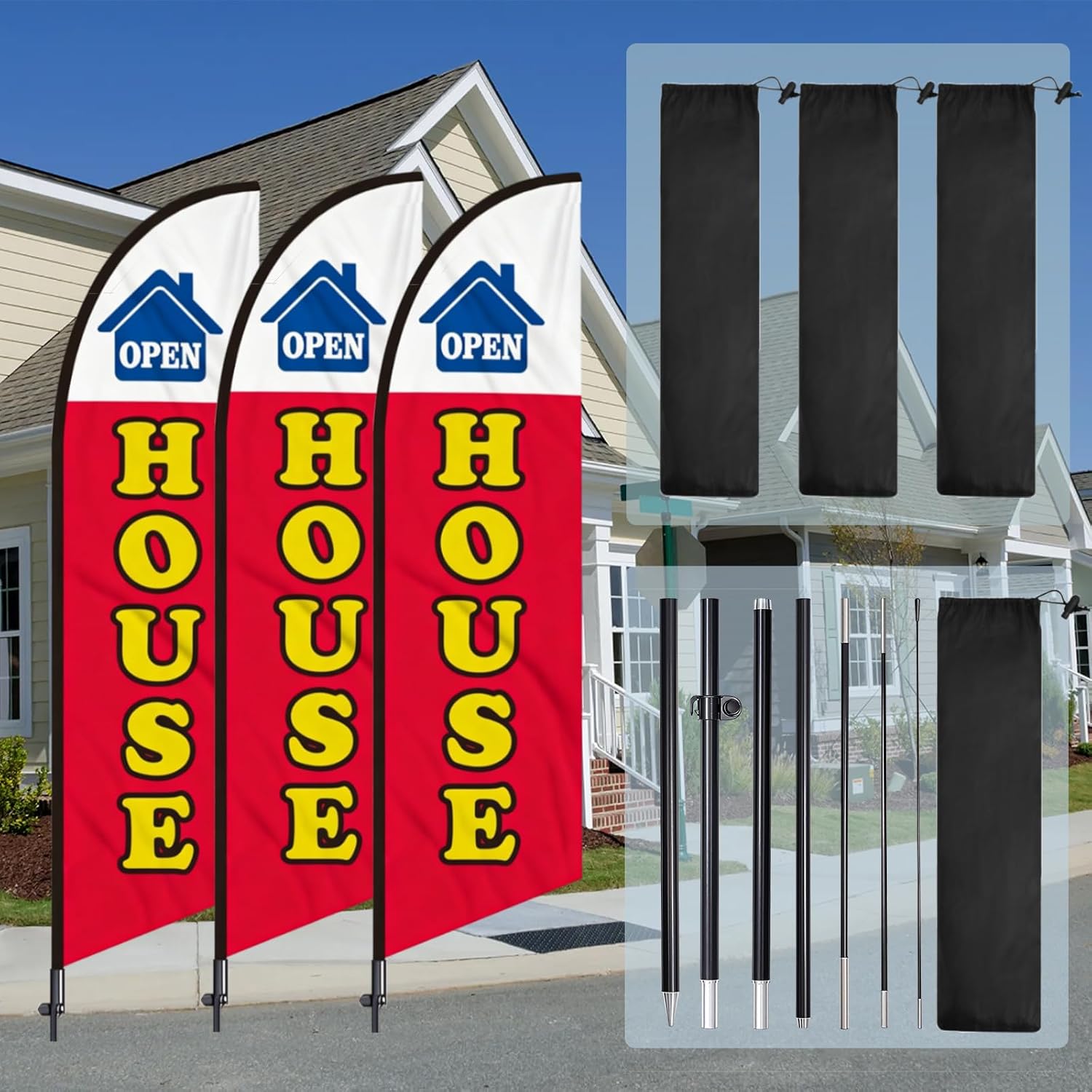 AZCOVER Open House Feather Flag 2Pack, 8FT Open House Signs for Real Estate, Feather Flags Banner Set with Flagpole Ground Stake Portable Bag for Outside Business Advertising