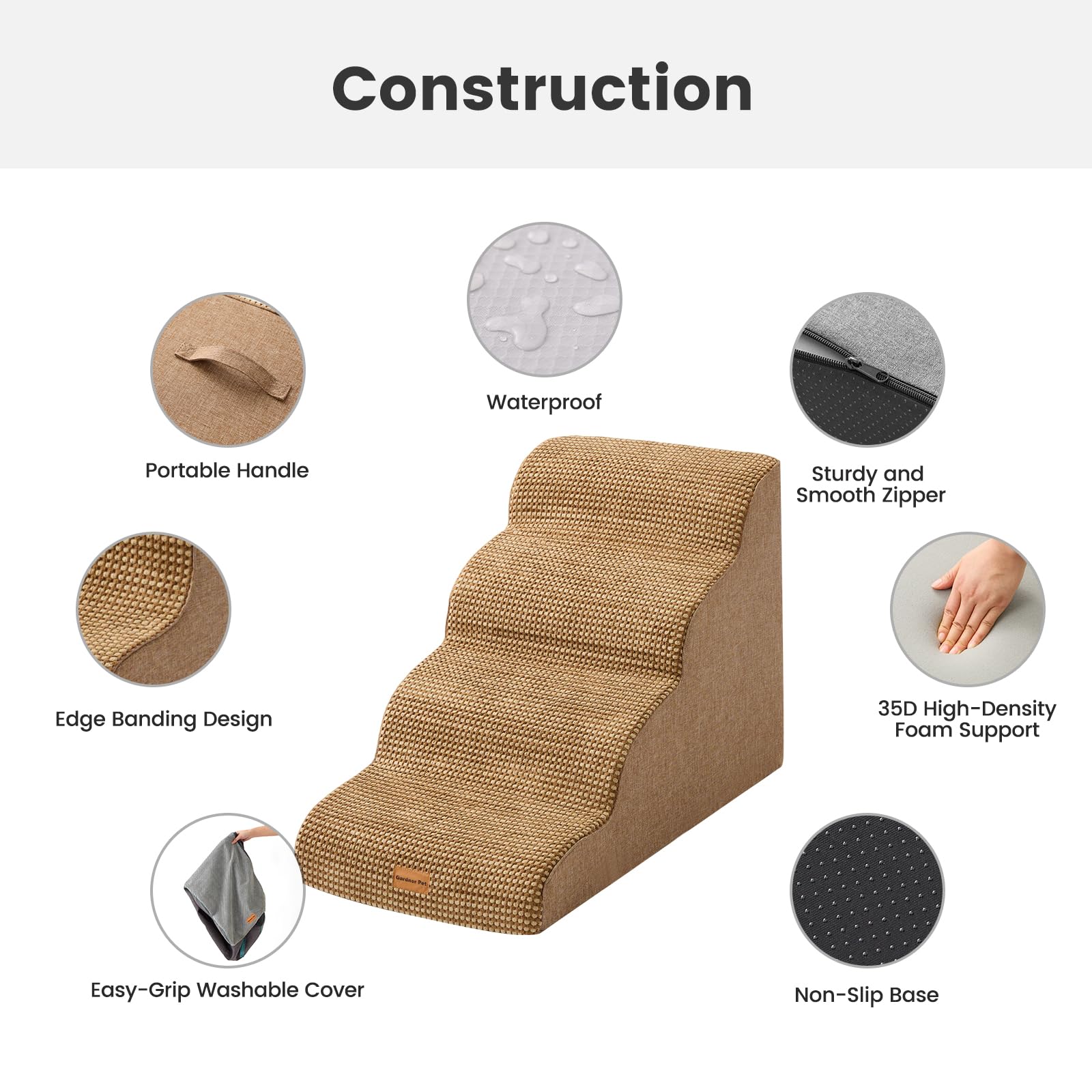 Gardner Pet Scala per Cani Piccoli 50cm, 4 Gradini, Rampina in Schiuma con Rivestimento Antiscivolo e Impermeabile per Letto, Divano e Auto, Marrone