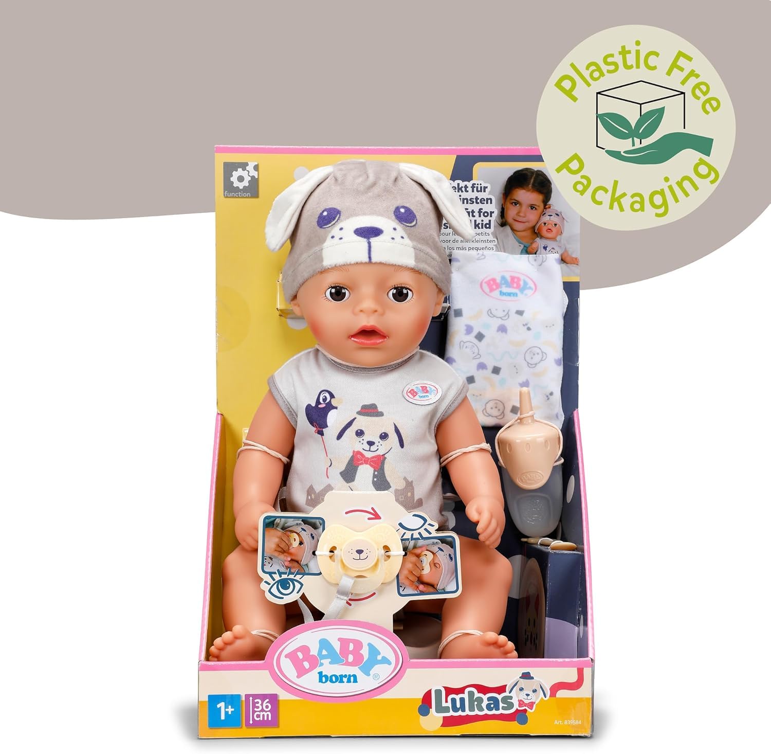 Baby Born Lukas śpioszki z motywem psa, 36 cm duża lalka z 7 funkcjami, dla dzieci od 1 roku życia