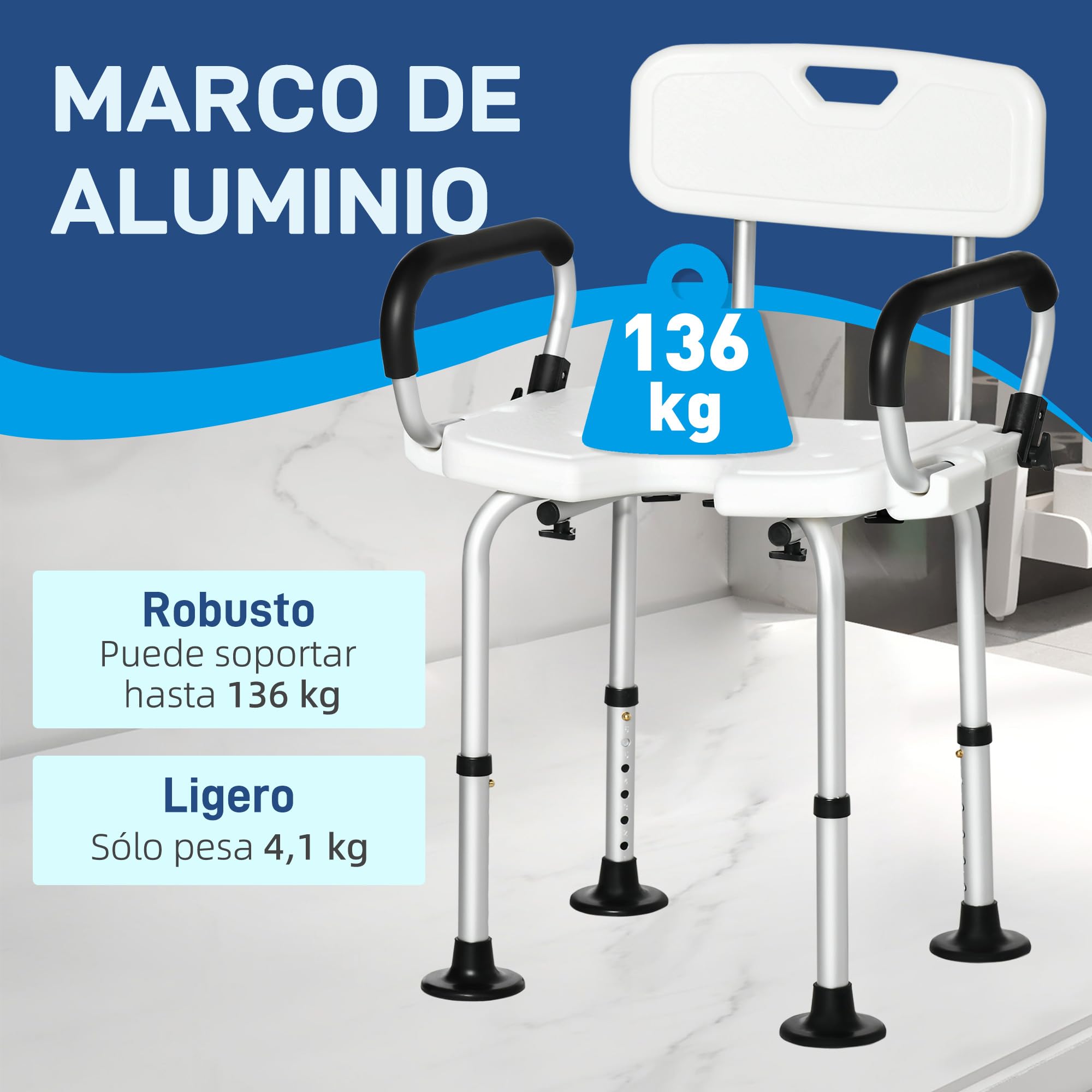 HOMCOM Silla Ducha Personas Mayores Antideslizante con Respaldo 136 kg | Taburete de Ducha, Altura Ajustable, Asiento en U, Apoyabrazos Abatible