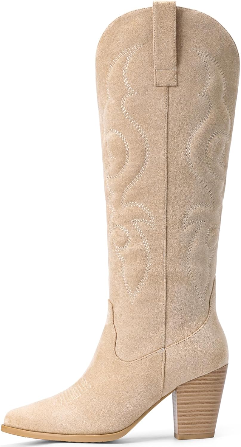 Pasuot Suede Cowboy Boots for Women - Beige Western Knee High Cowgirl Boots with Side Zipper, Country Pointed Toe Tall Block Heel Pull On Long Boot Fall Winter Concert Rodeo Festival Daily Size 7 - Image 4
