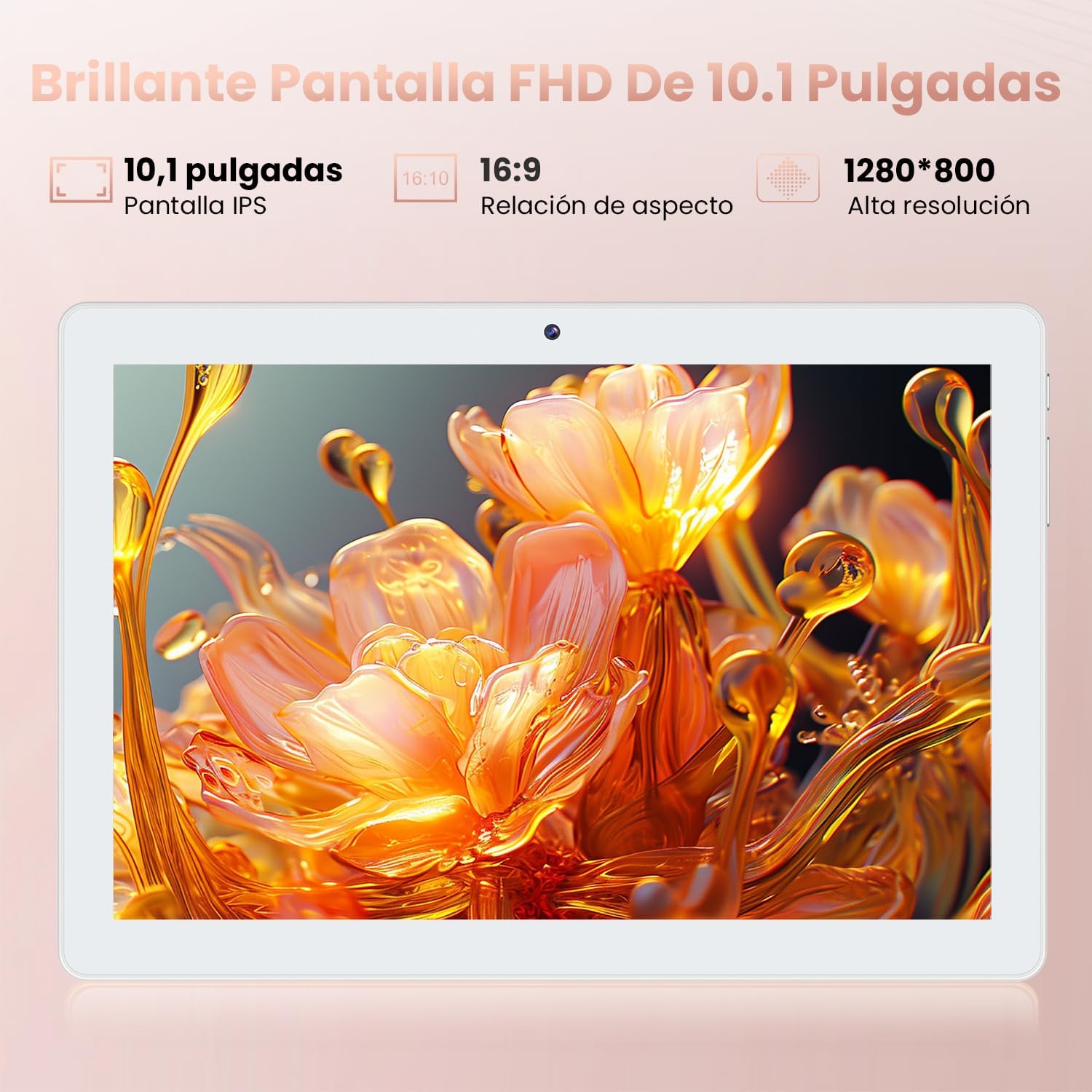 The tablet displaying a vibrant image of flowers, emphasizing its 10.1-inch FHD IPS screen with 1280x800 resolution.