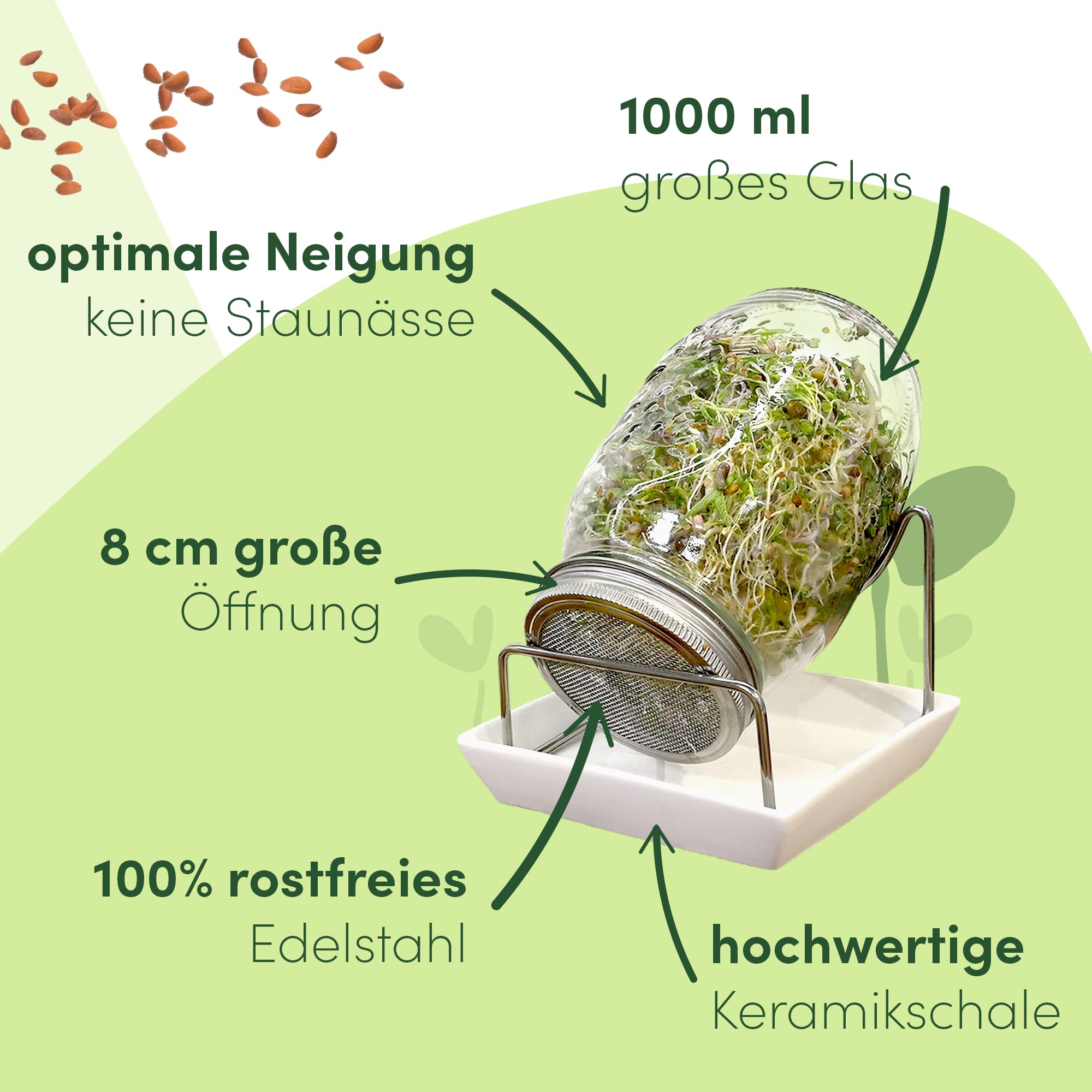 Green SEEDS Oryginalny zestaw startowy ze słoikiem ze szczebelkami + sitkiem do kiełkowania | 1000 ml z wysokiej jakości pokrywą z siatki ze stali nierdzewnej, stojakiem, miską ceramiczną + ABC