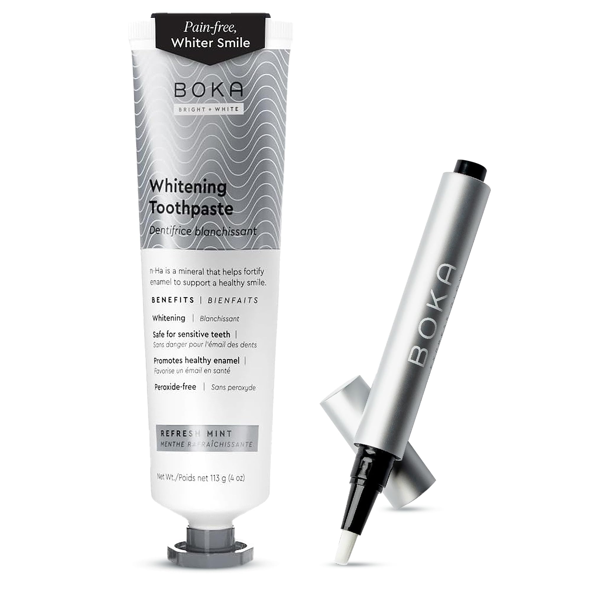 BokaFluoride Free Toothpaste - Nano Hydroxyapatite, Whitening Toothpaste - Refresh Mint 4oz and Whitening Pen