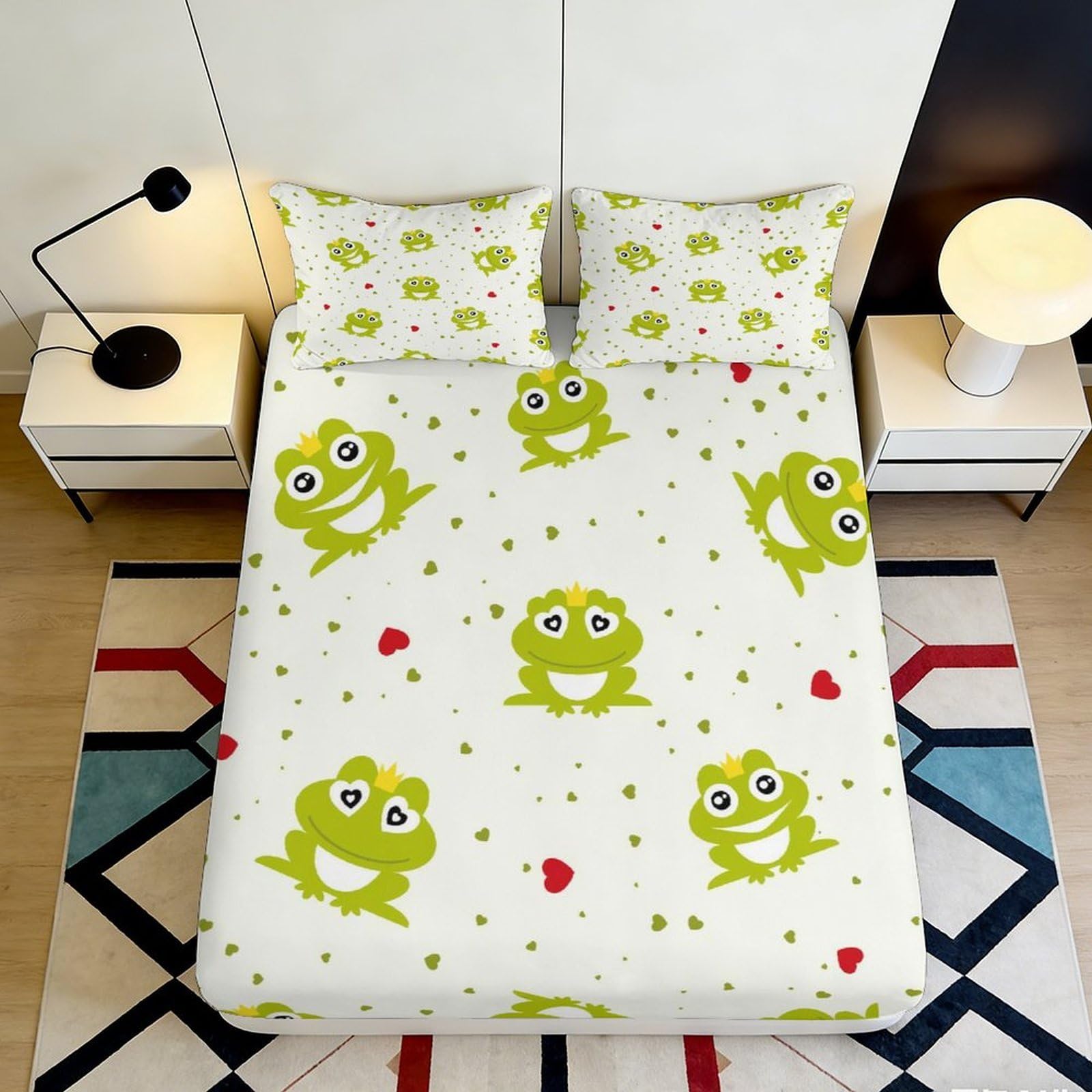 3D Printed Cartoon Frog Fitted Sheet Microfiber Soft Green Heart Bed Cover for Bedroom Dorm Mattress Protector Decor 120x200x25cm