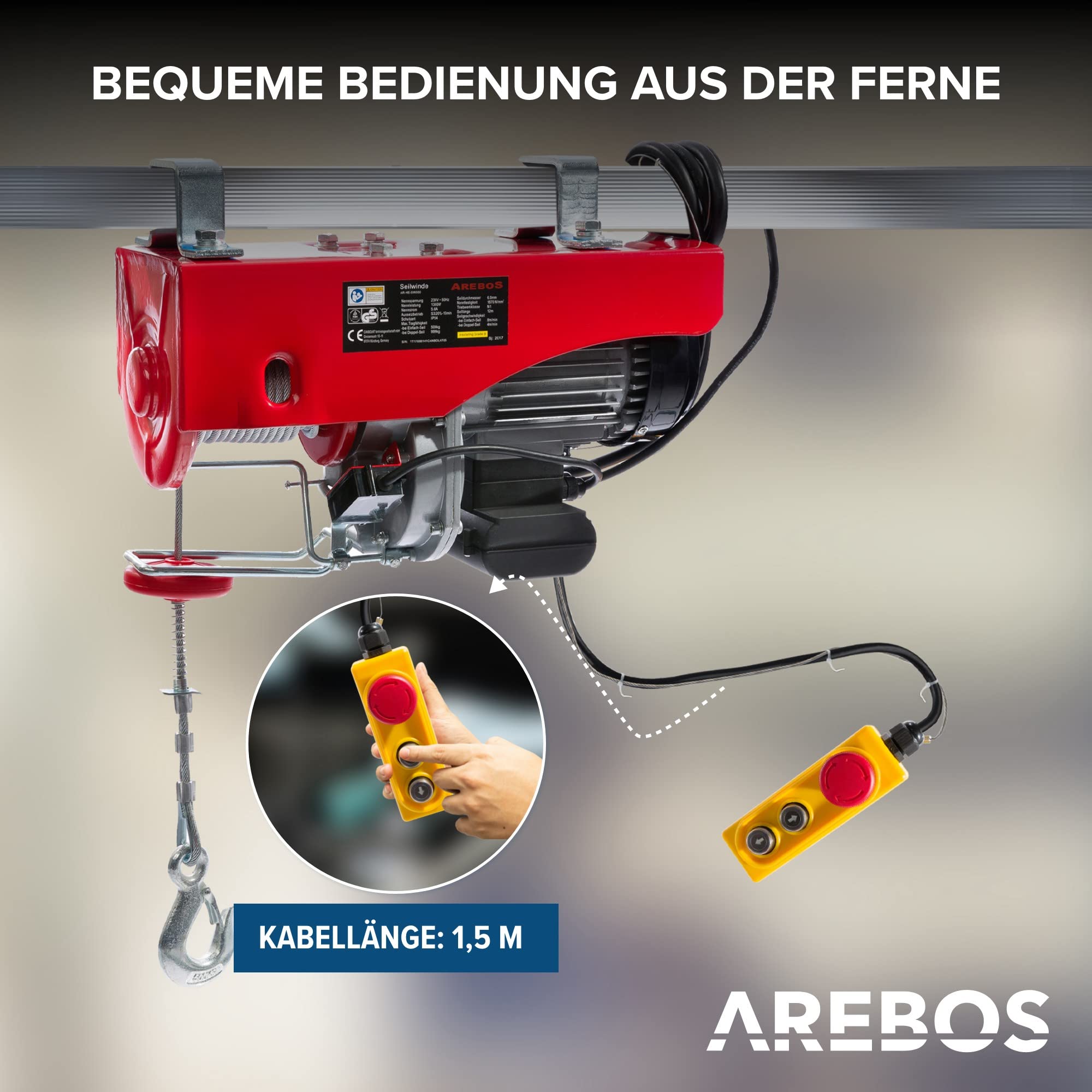 Arebos Elektrische Seilwinde | Seilzug | Seilhebezug | Motorwinde | Flaschenzug | Hebezug| Elektrischer Kettenzug mit Kabel-Fernbedienung | Hubhöhe 12m | GS | Tragkraft 500kg bis 1000kg