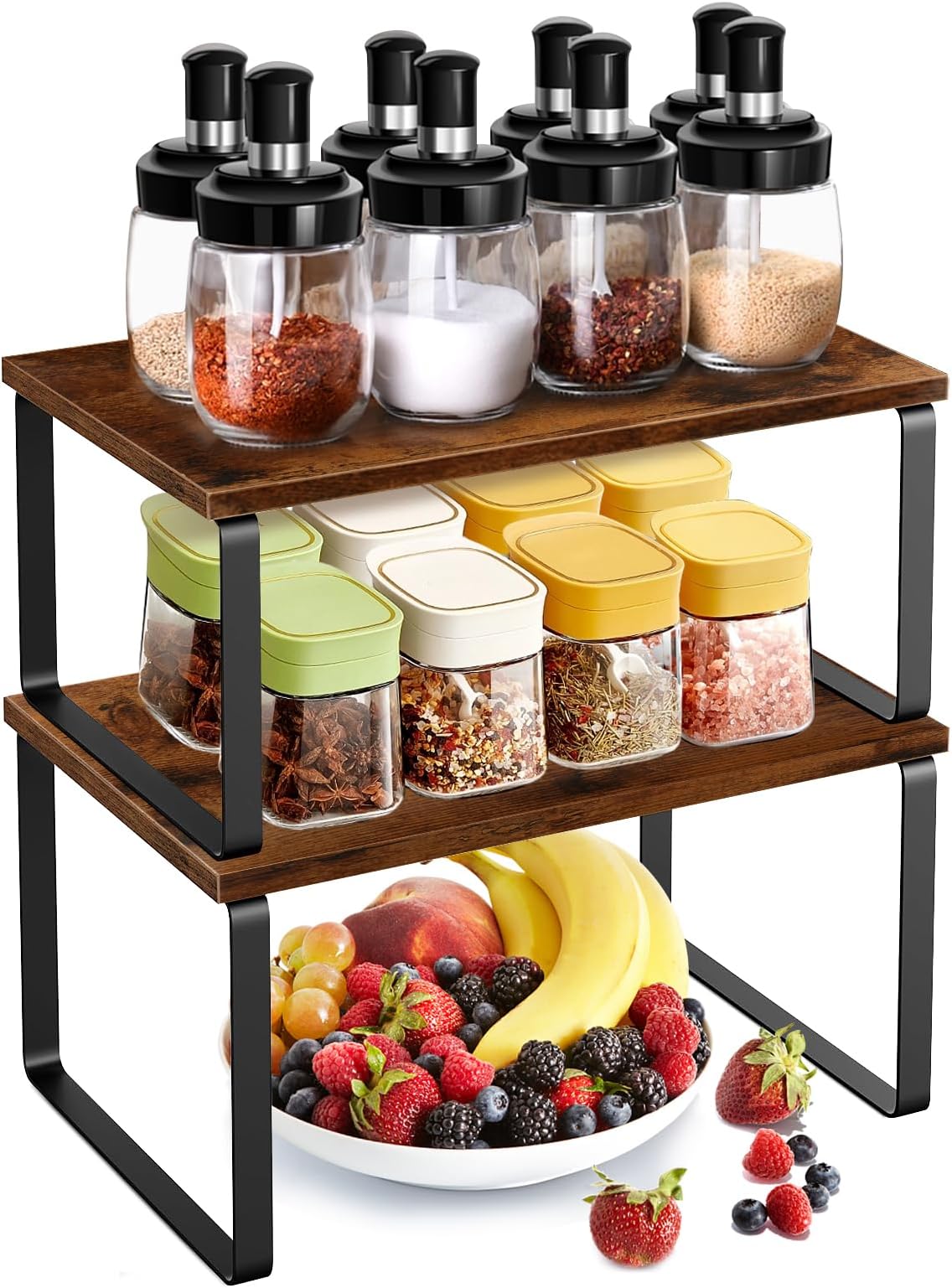 URbazaar 2 Pcs Counter Shelves Organizer,Spice Rack,Kitchen Stackable & Expandable Cabinet Shelf - Wood Organizer Expandable CounterTop Racks For Office, Bathroom & Bedroom, Metal and Wood