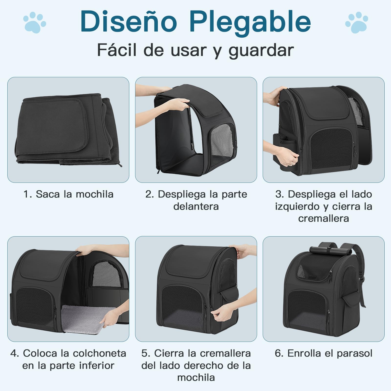 Mochila para Gatos Perros, Mochila Transportin Gato Perro 10kg, Ventanas de Malla Transpirable Bolso para Perros Pequeños Gatos Mascotas con Correa de Seguridad y Alfombra para Mascotas - Negro