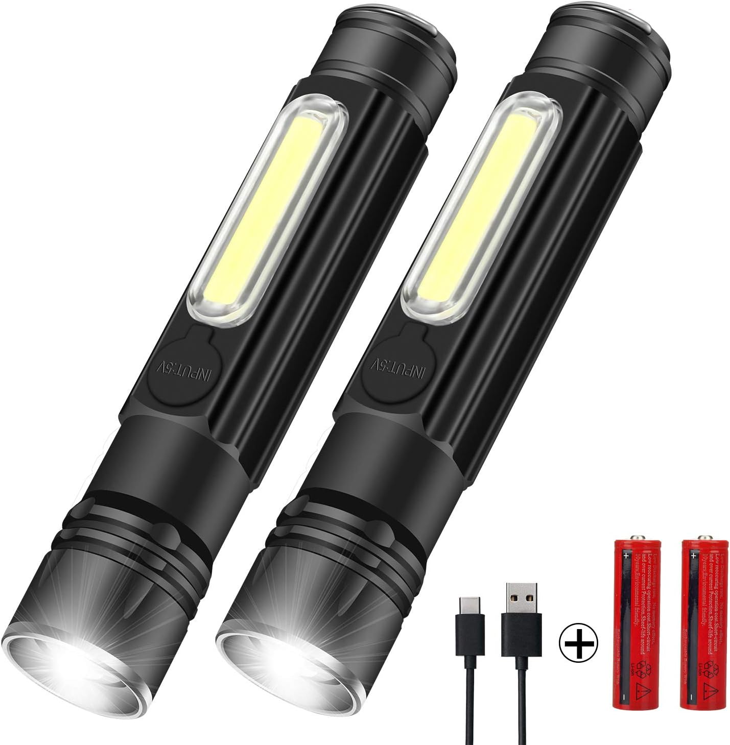 [2 Pack] Magnetic Led Torch USB Rechargeable Super Bright Powerful COB Flashlight Torches with Work Side Light for Outdoor Camping Hiking(18650 Battery Included)