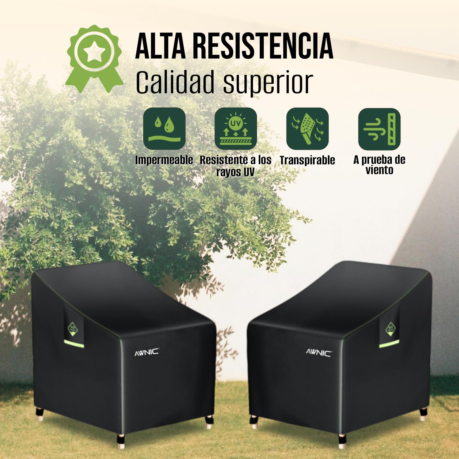 AWNIC 2 Paquetes Funda de sillón de Jardín Impermeables, Resistente al Viento, a los desgarros y a los Rayos UV para Exterior Patio Terraza Funda para Sillas 420D Poliéster 89x97x60/74cm