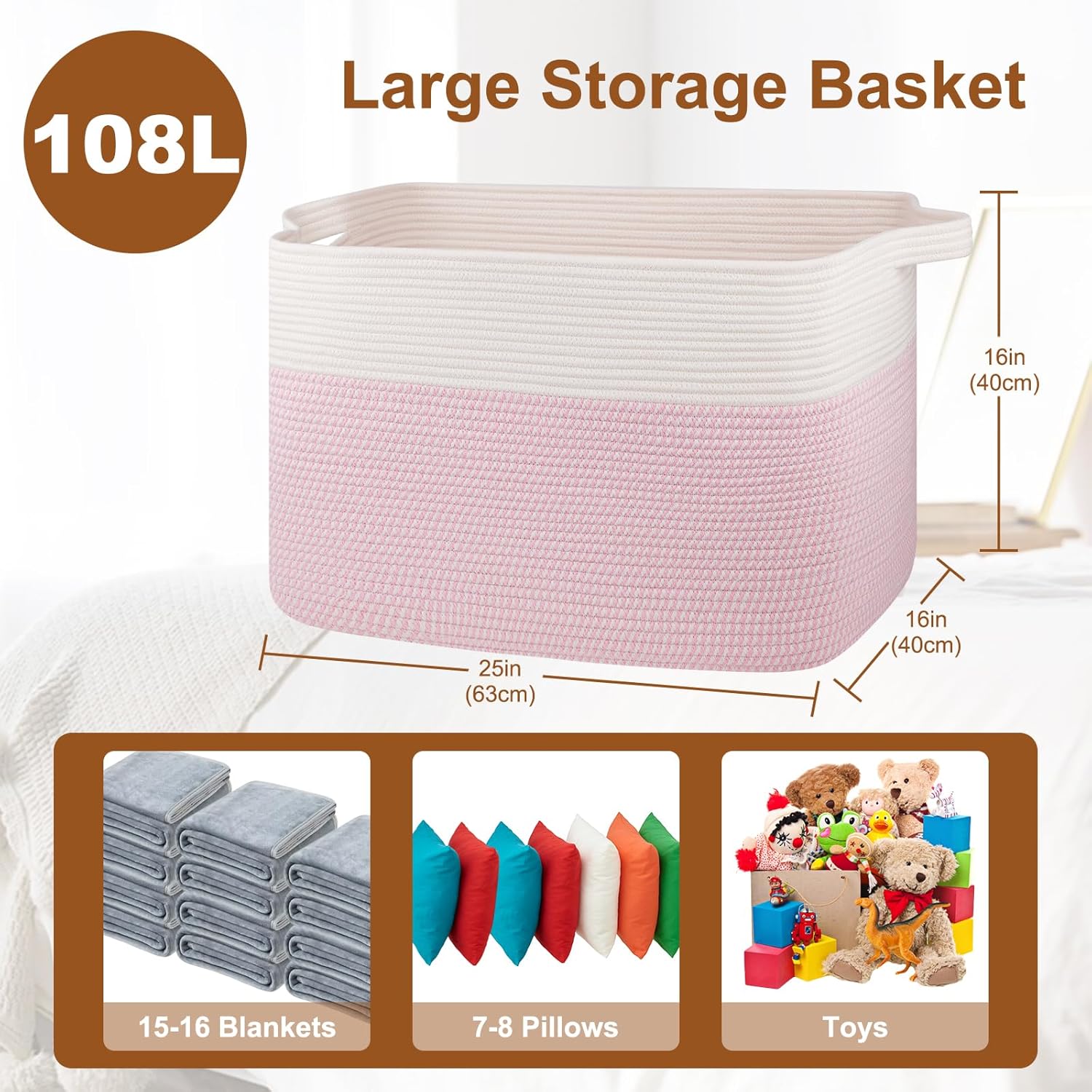 XXXL Large Blanket Basket, 108L Cotton Rope Storage Basket for Living Room, Supre Large Toy Baskets for Kids, Woven Basket for Clothes, Towels, Pillows, 25" x 16" x 16", Pink and White - Image 3