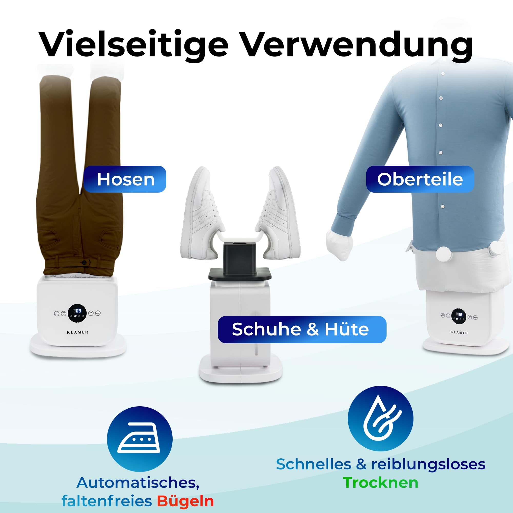 KLAMER Hemdenbügler Pro 1400W Bügelpuppe mit Aufsätzen für Hemden, Hosen & Schuhe – Automatischer Hemdglätter, Hosenbügler & Schuhtrockner für faltenfreie, trockene Kleidung ohne Bügeln