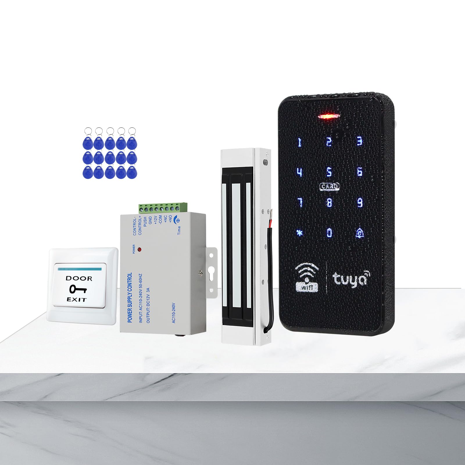 Tuya - Kit de sistema de control de acceso impermeable para exteriores, inalámbrico, WiFi, RFID, teclado de contraseña, controlador de retroiluminación táctil + 15 llaveros de 125 kHz +