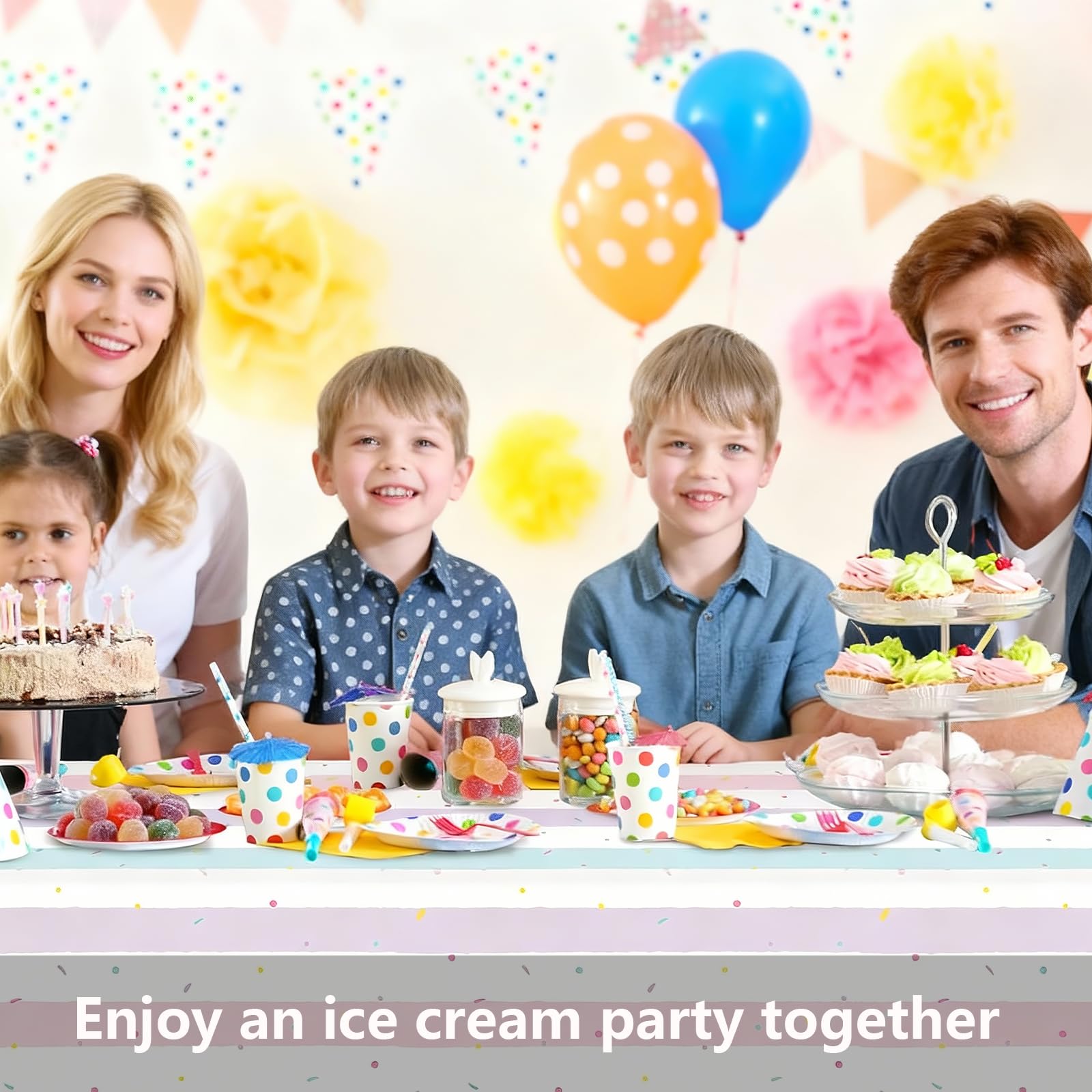Tovaglia Compleanno Gelato, Set di 3 Tovaglie Colorate con Confetti Arcobaleno, Perfetta per Feste di Compleanno e Occasioni Speciali
