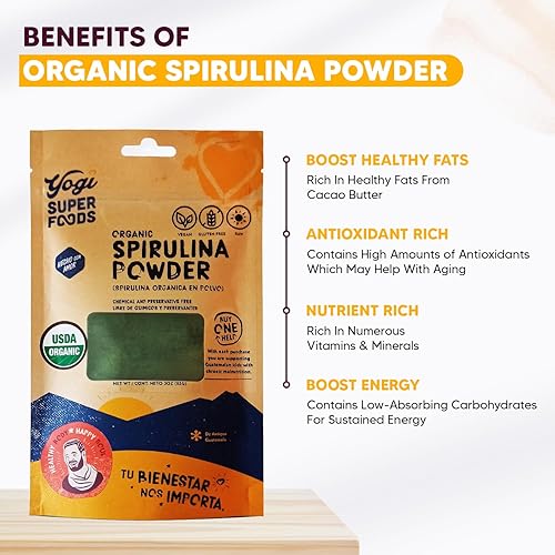 Miniatura 4 de Yogi Superfoods - Polvo de espirulina orgánica natural, polvo de algas verdes azules, superalimento natural, crudo, vegano