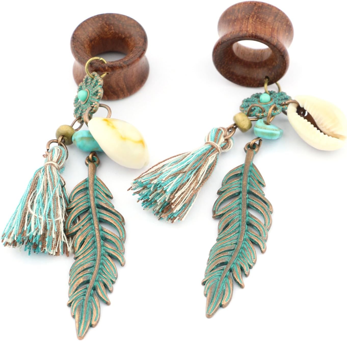 Balala 8mm-22mm Verdigris Patina Brass Feather Tassel Shell Dangle Wood Ear Gauges Piercing Flesh Tunnels Plugs Statement Earrings