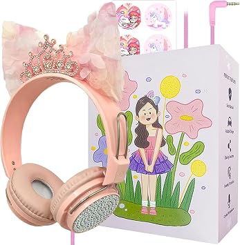 Kids Wired Headphones, Over-Ear Crown Design, 95dB Volume Limited, Built-in Mic, Rose Pink2