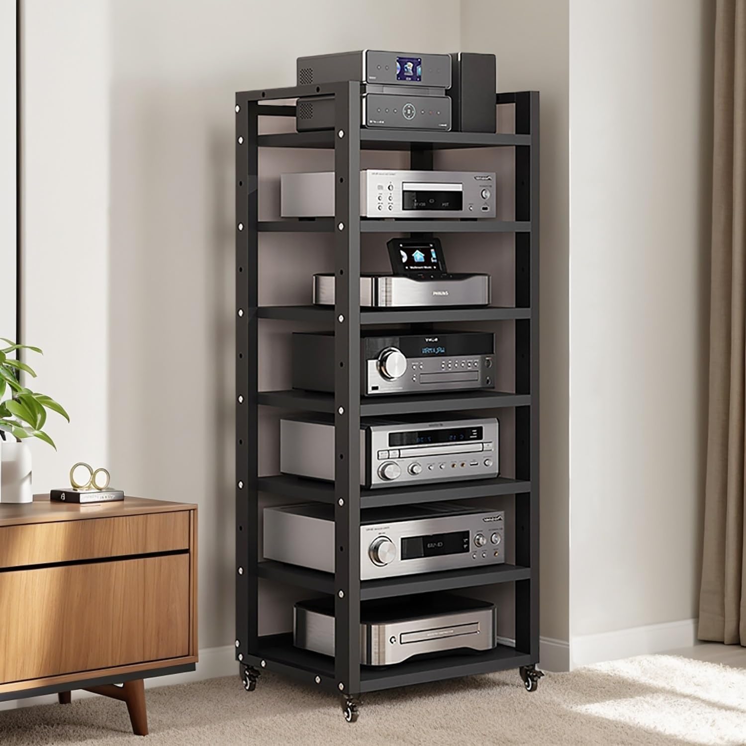 7-tier Av Media Stand, Audio Rack With Adjustable Shelves, Stereo Racks And Stands With Wheels, Stereo Rack For Home, Office, Theater(A)