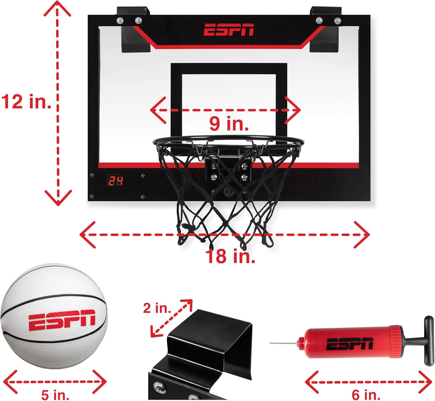 ESPN Mini Basketball Hoop, Over The Door Basketball Hoop with Foldable Breakaway Rim (1 Hoop + Scoreboard)