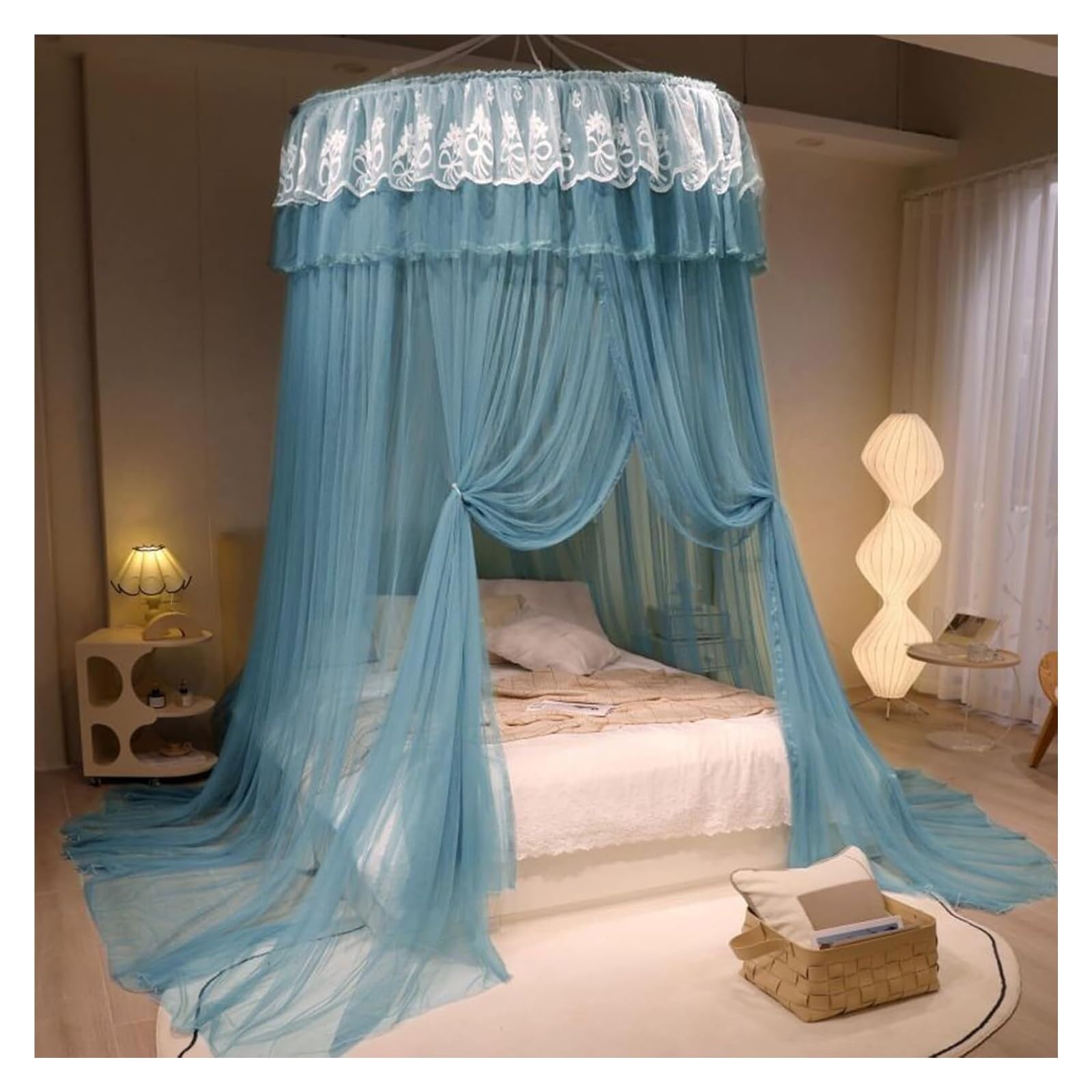 Ciel de lit rond avec dentelle moustiquaire suspendue bleue haut de gamme
