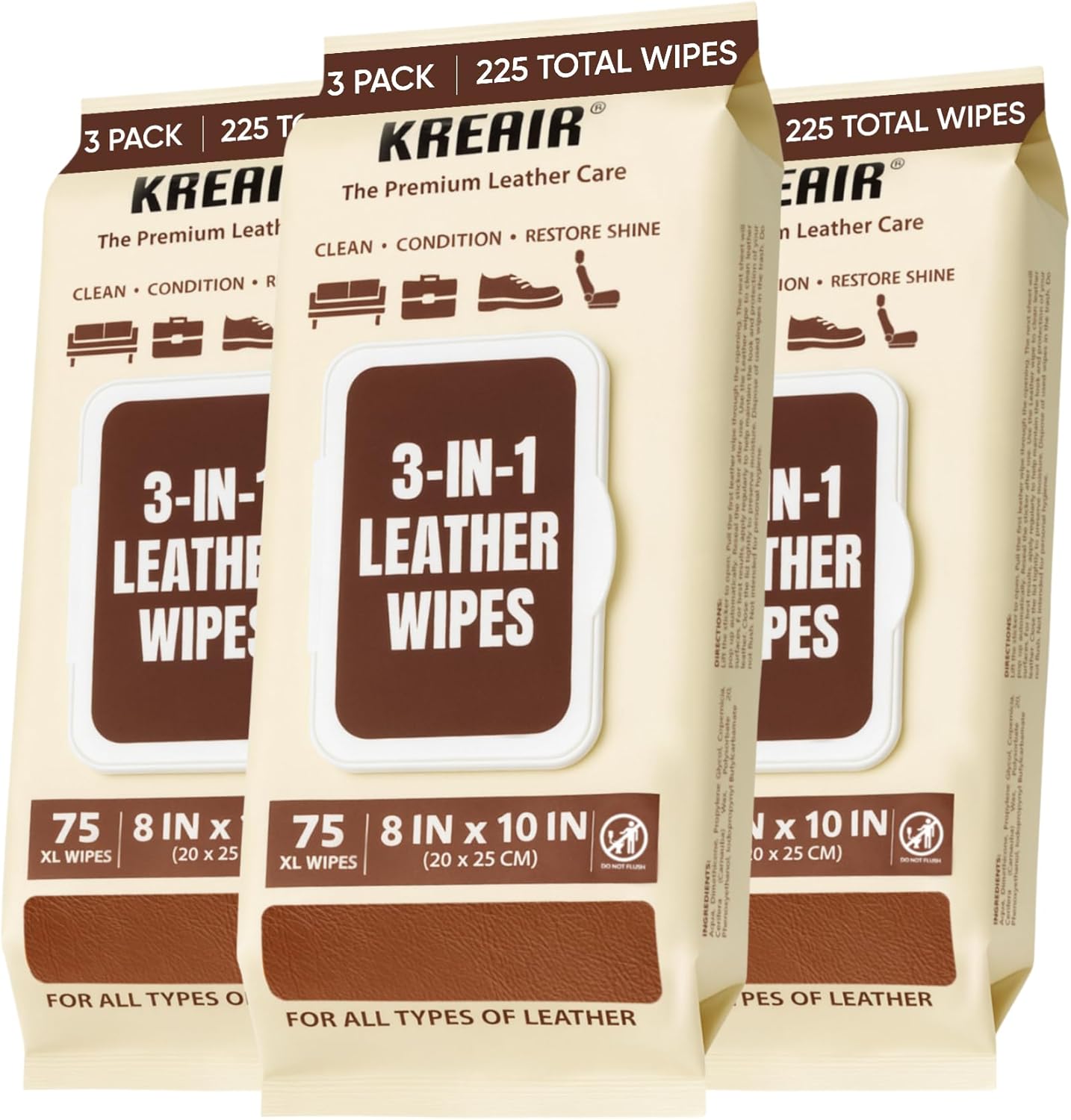 3in1 Leather Wipes 225 XL Count, Clean, Condition & Restore Shine, Extra-Large 8"x10" Wipes for Car Seats, Shoes, Furniture & Bags, Thick, Durable & Non-Linting, Safe for All Leather Types