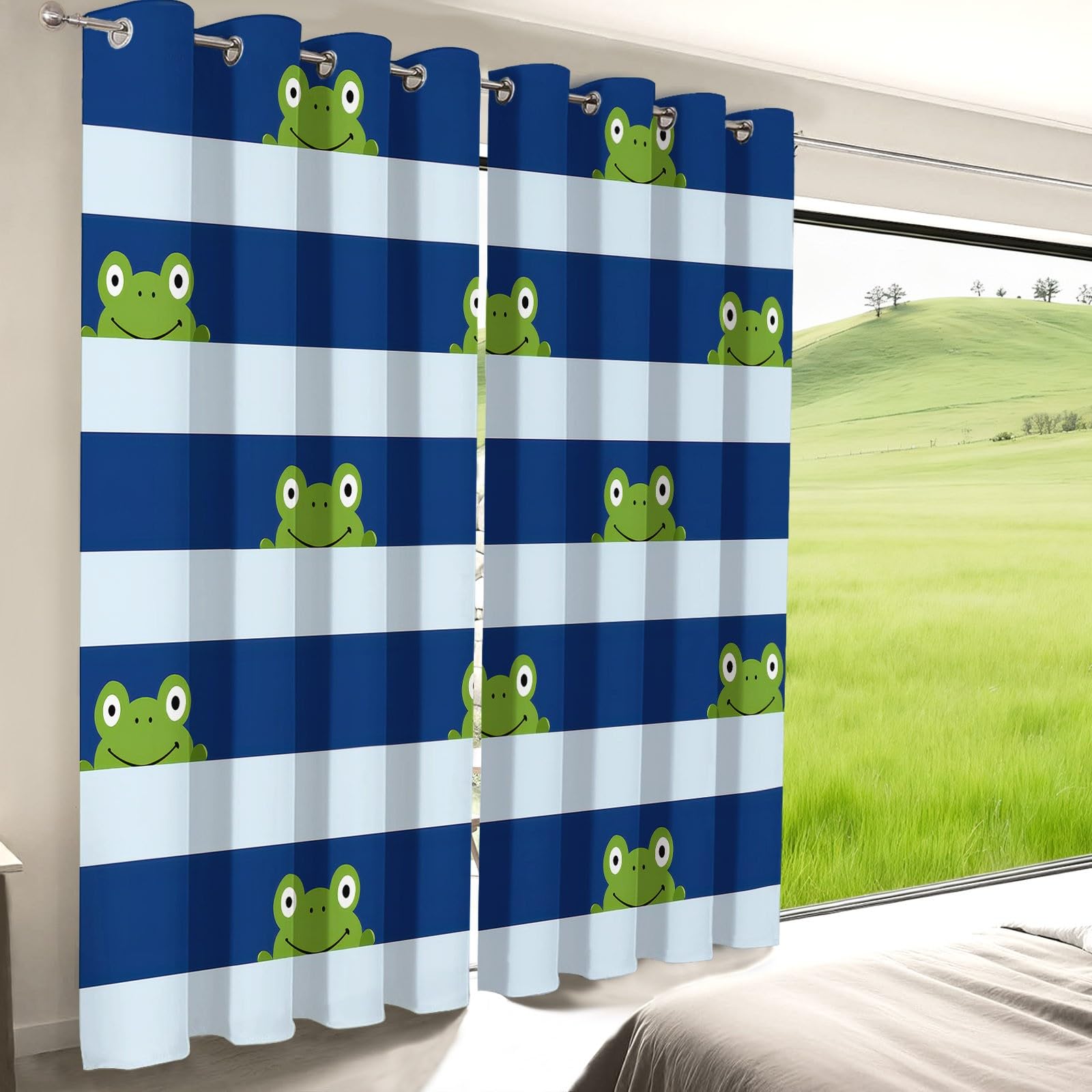 Verdunklungsvorhänge Bunt Mode Streifen Cartoon Tier Frosch Vorhänge Blickdicht 2er Set B75 x H166 cm, Hitzeschutz Blickschutz Thermovorhang mit Ösen für Wohnzimmer Schlafzimmer Kinderzimmer