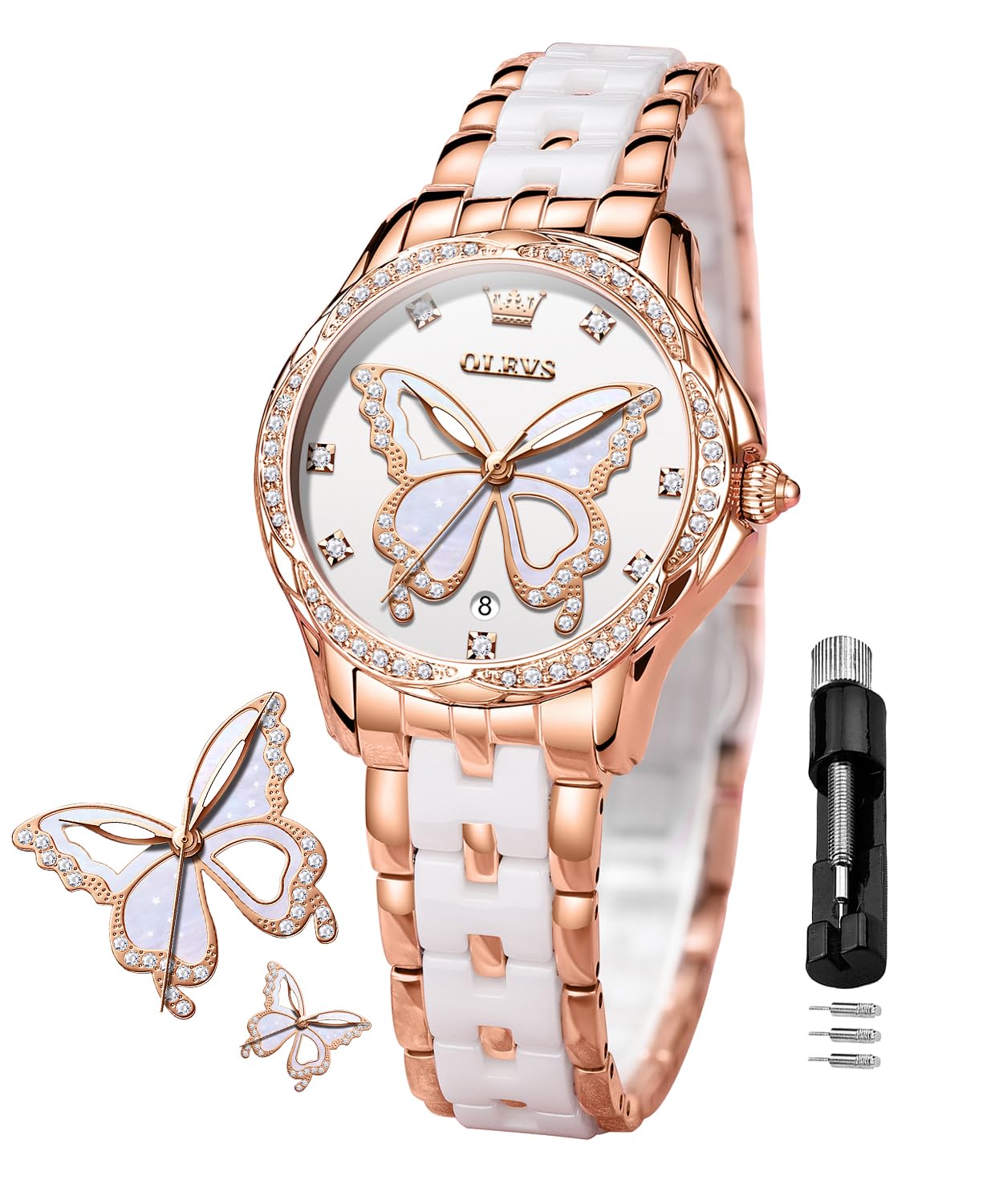 OLEVS Damen-Diamantuhr Elegante Luxus-Armbanduhr Damenuhr aus Roségold mit Keramikglas