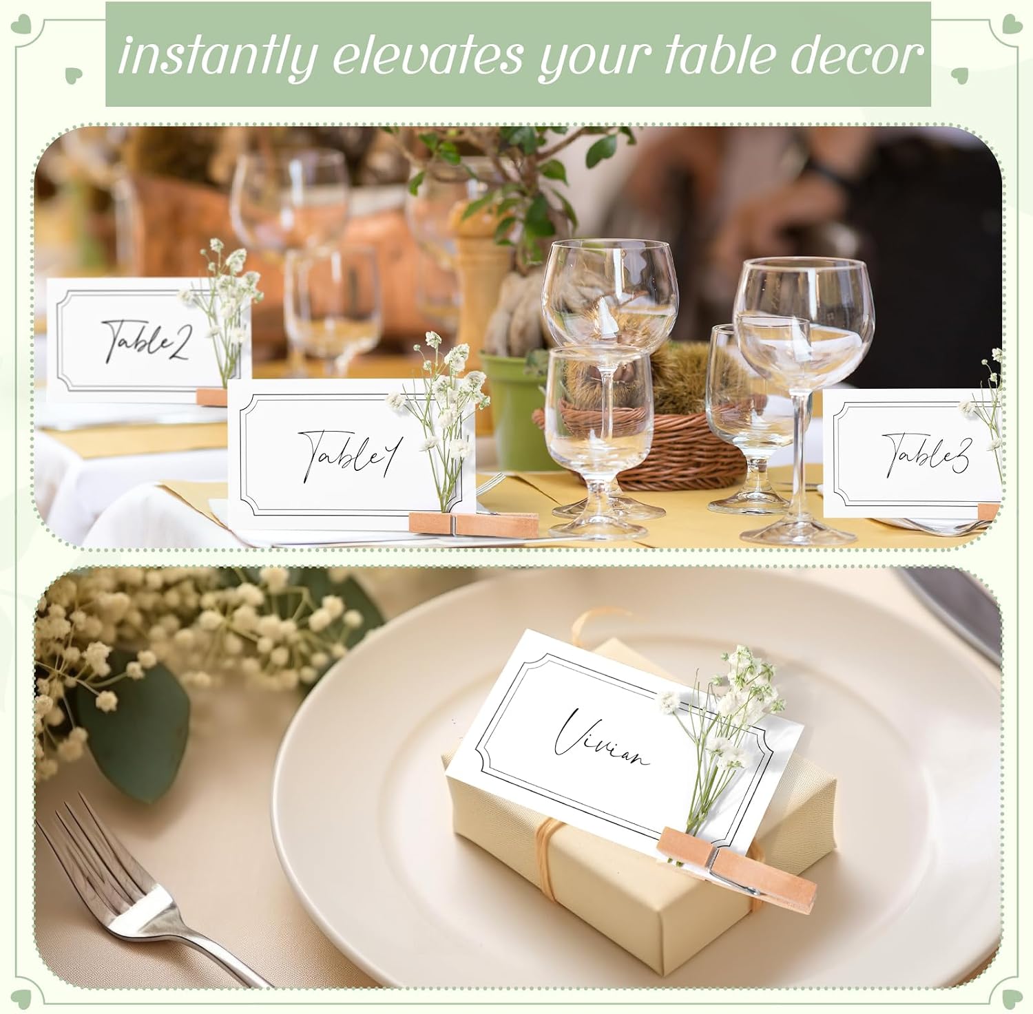 50 Pcs Wedding Place Cards with Wooden Clip, Black