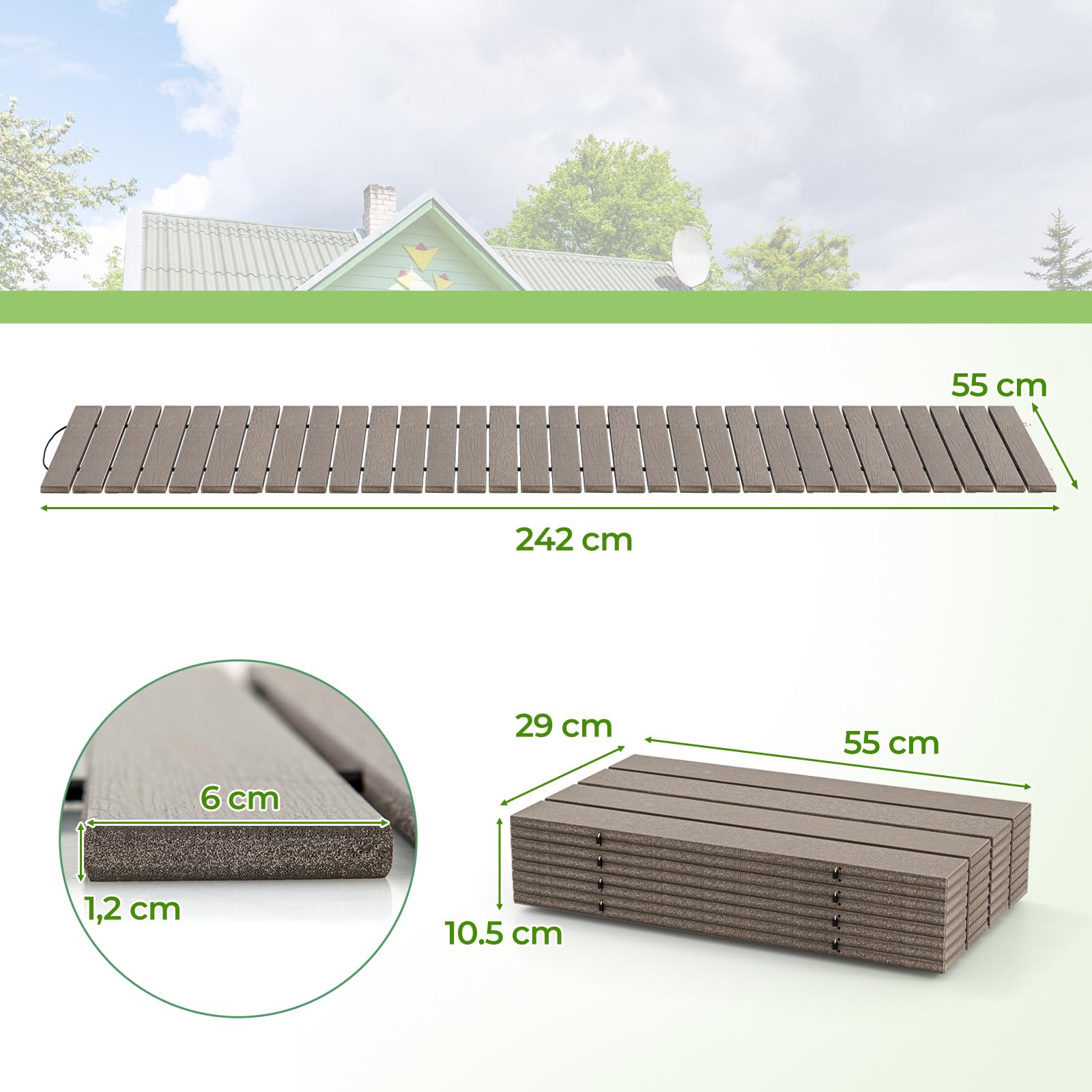 RELAX4LIFE Rollweg wetterfest, Gartenweg aus HDPE, 242 x 55 cm, Gehweg ausrollbar, Gehwegplatte mit Metallverbindung & simulierter Holzmaserung, Trittplatte für Garten, Terrasse, Hochzeit, Party, Grau
