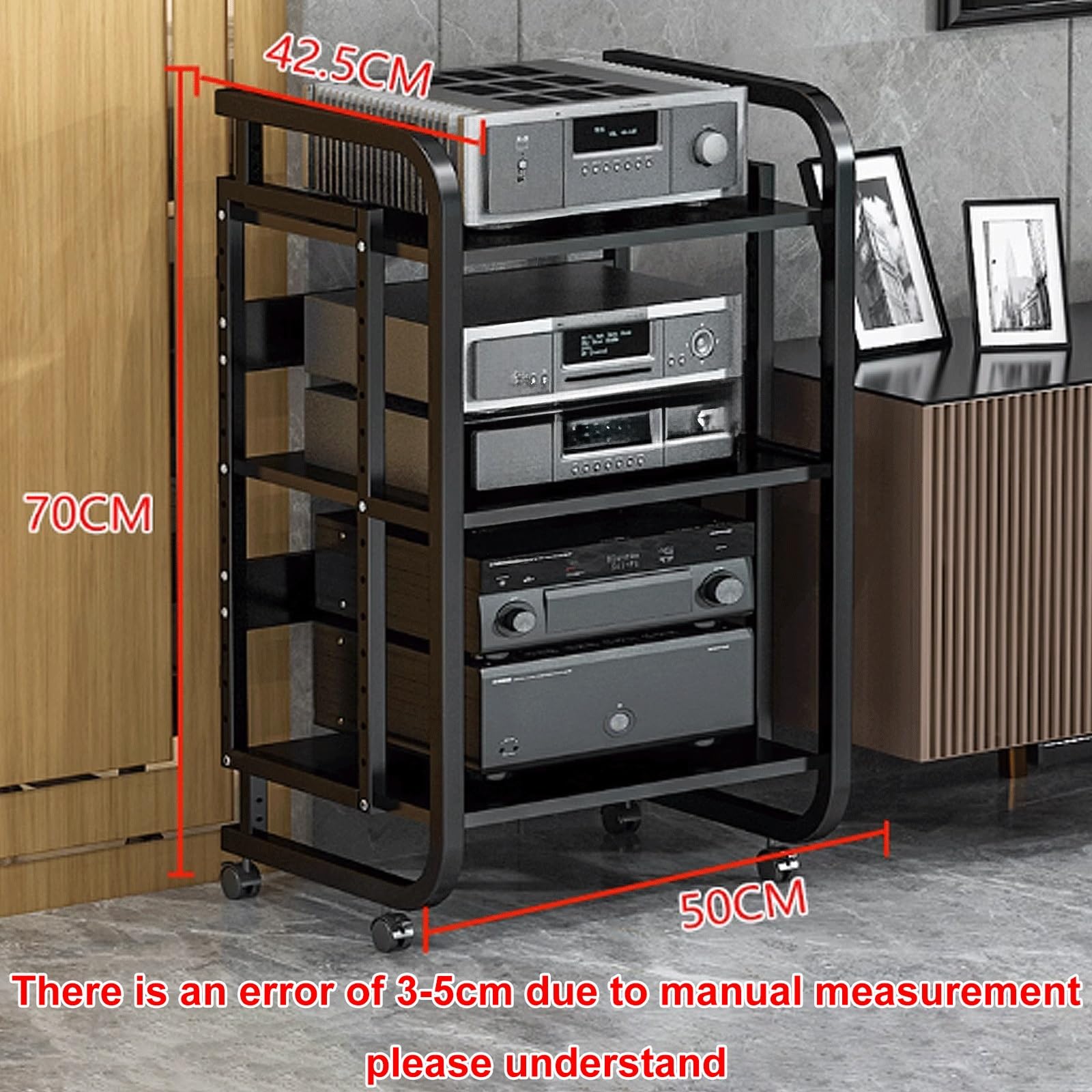 Stojak AV, Wieża na Sprzęt Audio, Stojak Audio, Stojak na Sprzęt Audio Wytrzymały z Drewna Konstrukcyjnego + Stal 2 Rozmiary 3 Kolory(Black+black,3 layer)