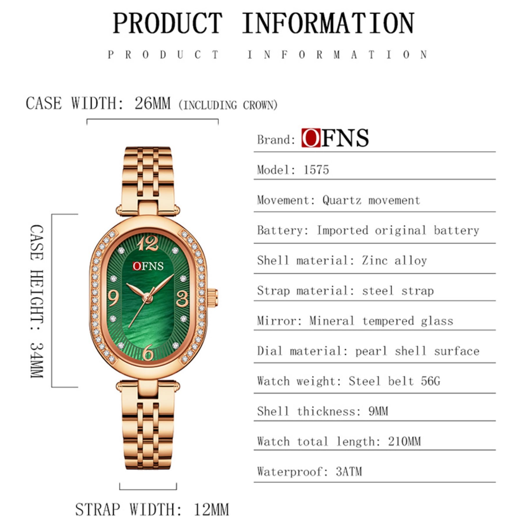 OFNS Reloj de mujer ovalado con diamantes y esfera de nácar, diseño minimalista clásico, acero inoxidable, para mujer