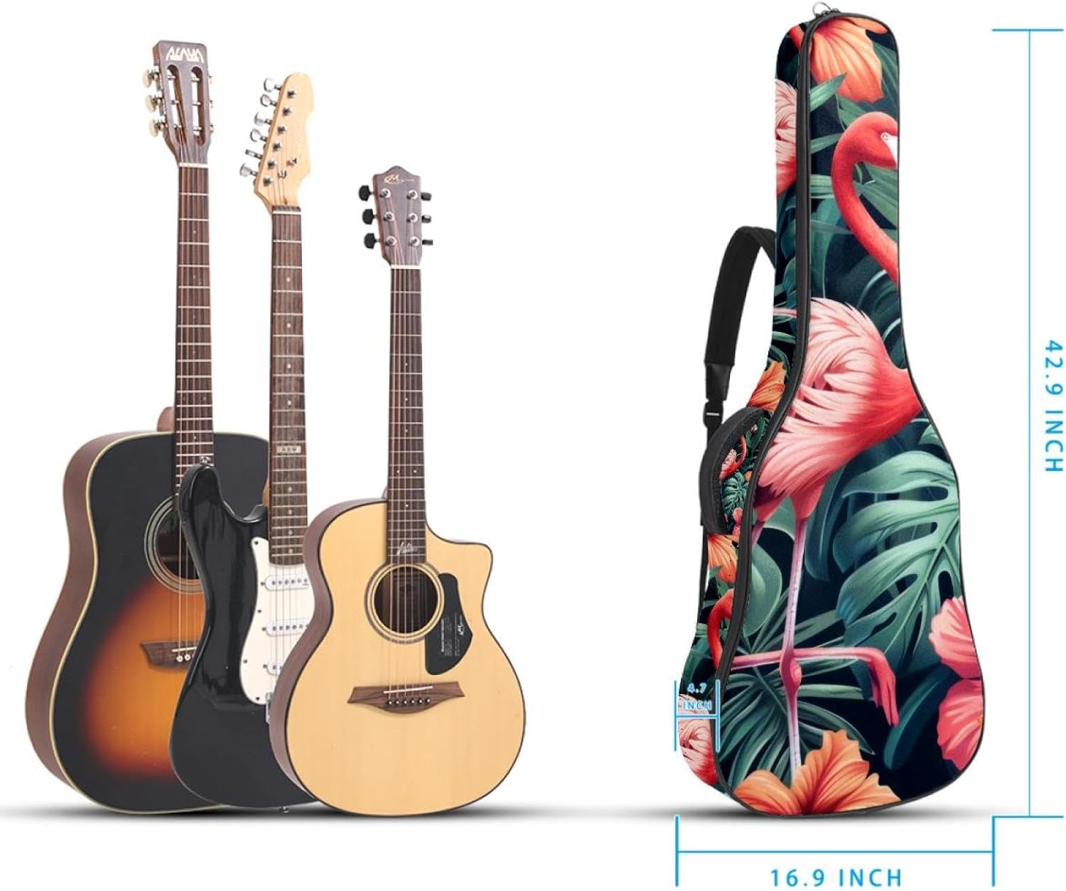 Acoustic Guitar Gig Bag 1 cm Thick Padding, Waterproof Electric Guitar Bag 40-42 Inch Guitar Case Backpack with Dual Shoulder Strap, Pink Flamingos Exotic Flowers Palm Leaves Flowers