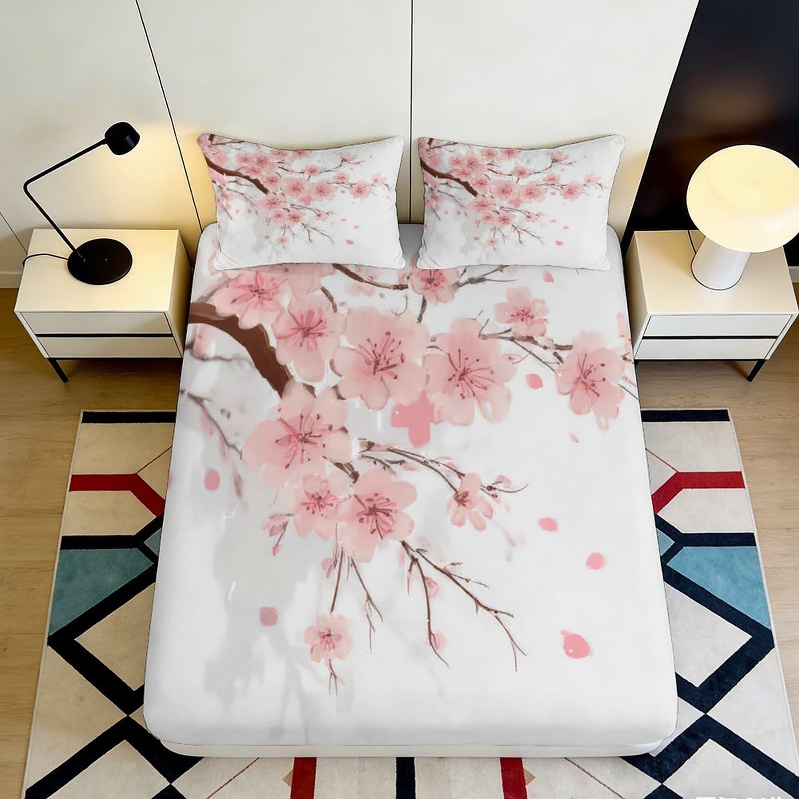 3D Printed Cherry Blossom Fitted Sheet Microfiber Soft Breathable Sakura Bed Cover for Bedroom Dormitory Guest Room Mattress Protection Decor 120x200x25cm
