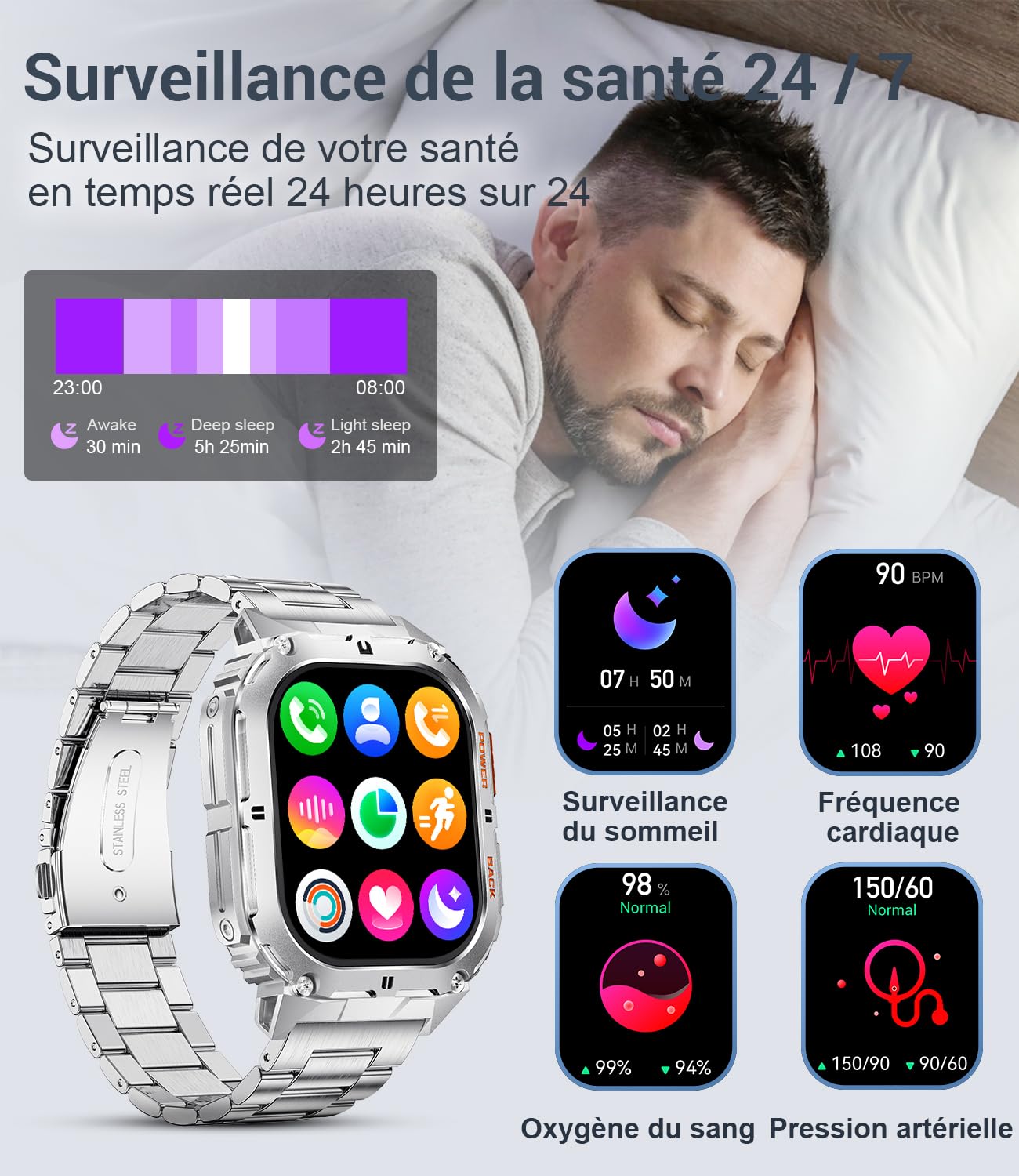 LIGE Montre Connectée Homme avec Appel Bluetooth Assistant Vocal, 1.95'' AMOLED Montre Connectée Sport 100+ Sportifs avec 24/7 Moniteur de Fréquence Cardiaque Sommeil SpO2 pour Android iOS