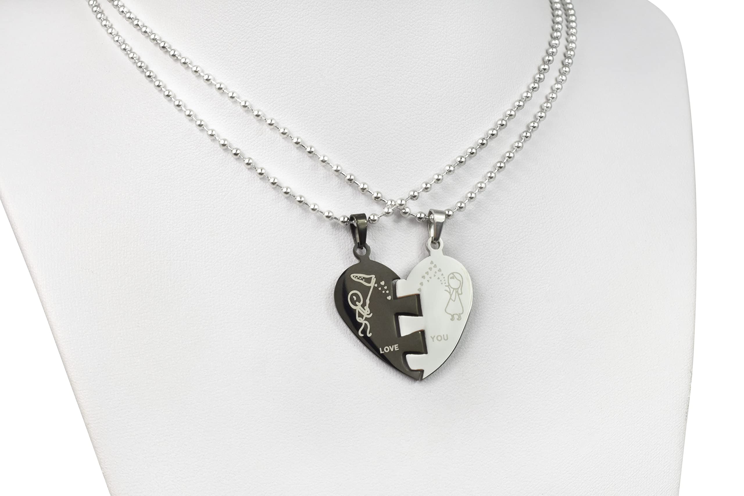2 Stück Personalisierte Ketten mit Gravur Edelstahl 60 cm - Herzhälften "Love you" in silber und schwarz - Halsketten Männer und Frauen - Personalisierter Schmuck Paare Damen Herren Partner
