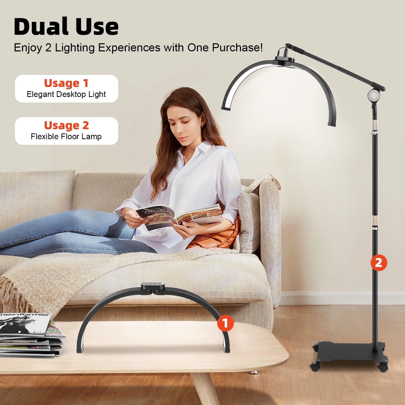 Lampa kosmetyczna z półksiężycem, lampa kosmetyczna LED ze stojakiem na telefon i kółkami, regulacja 350°, dwie opcje sterowania, 3200 K-5600 K, oświetlenie do salonów, studia fotograficznego, stołów