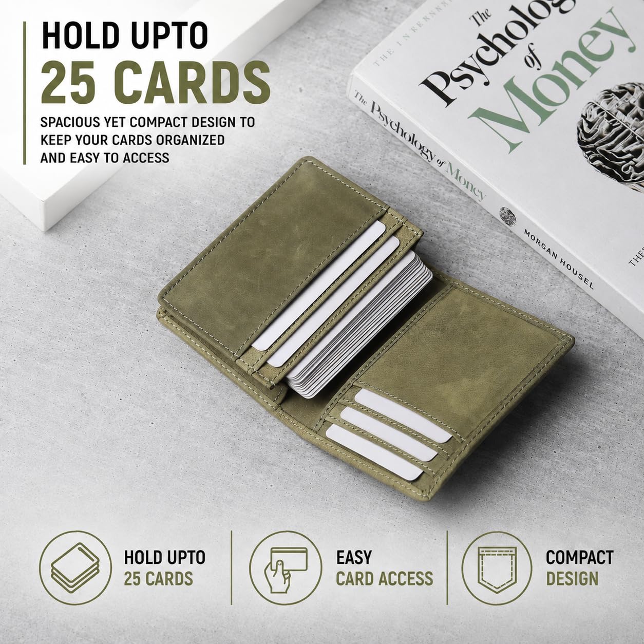 FOXHACKLE Tarjetero de cuero de grano completo para hombres y mujeres, cartera plegable pequeña con bloqueo RFID, funda compacta para tarjetas, Verde perico, 3.40" x 4.10" x 0.03", Classic