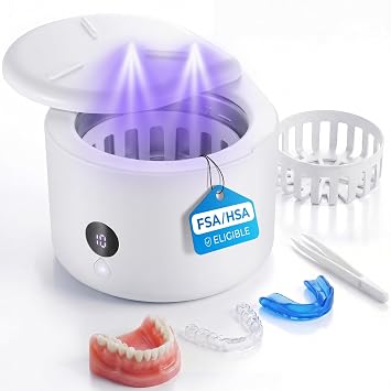 FSA HSA Eligible | 45khz Ultrasonic Retainer Cleaner Machine with UV | 4 Timed Cleaning Modes & Digital Timer, 150ML Mouthguard Cleaner for Dentures, Aligners, Mouth Guards, Night Guards