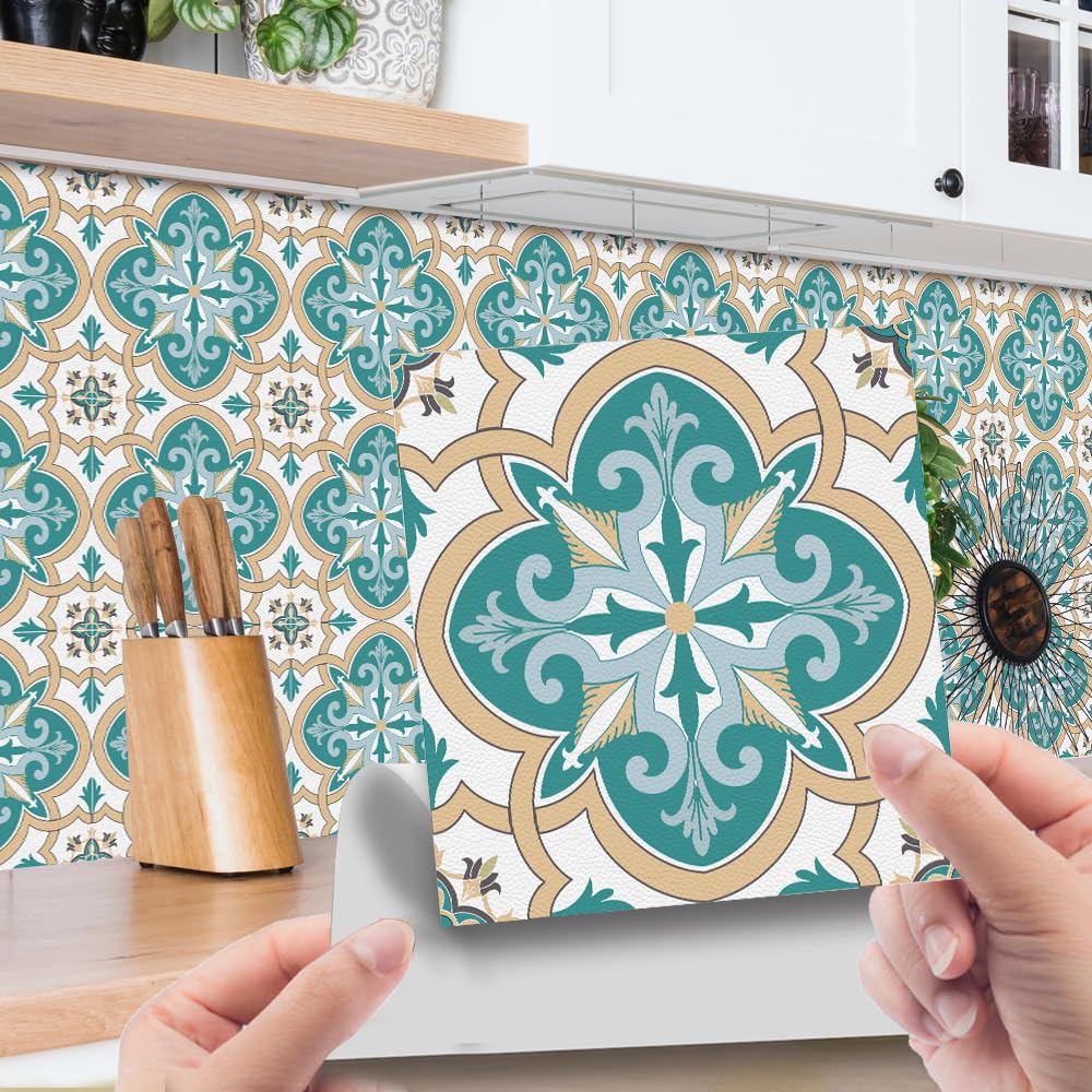 LMYSXAOZ 20 PCS Tile Stickers Stick on Tiles, Self Adhesive Wall Tiles for Kitchen Bathroom, Oil Proof Peel and DIY Floor Classic Pattern (Morocco,20x20cm)