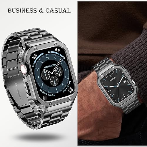 Miniatura 102 de MioHHR Correa y funda de acero inoxidable compatible con Apple Watch Band de 1.772 pulgadas, cubierta protectora de metal para hombres para iWatch
