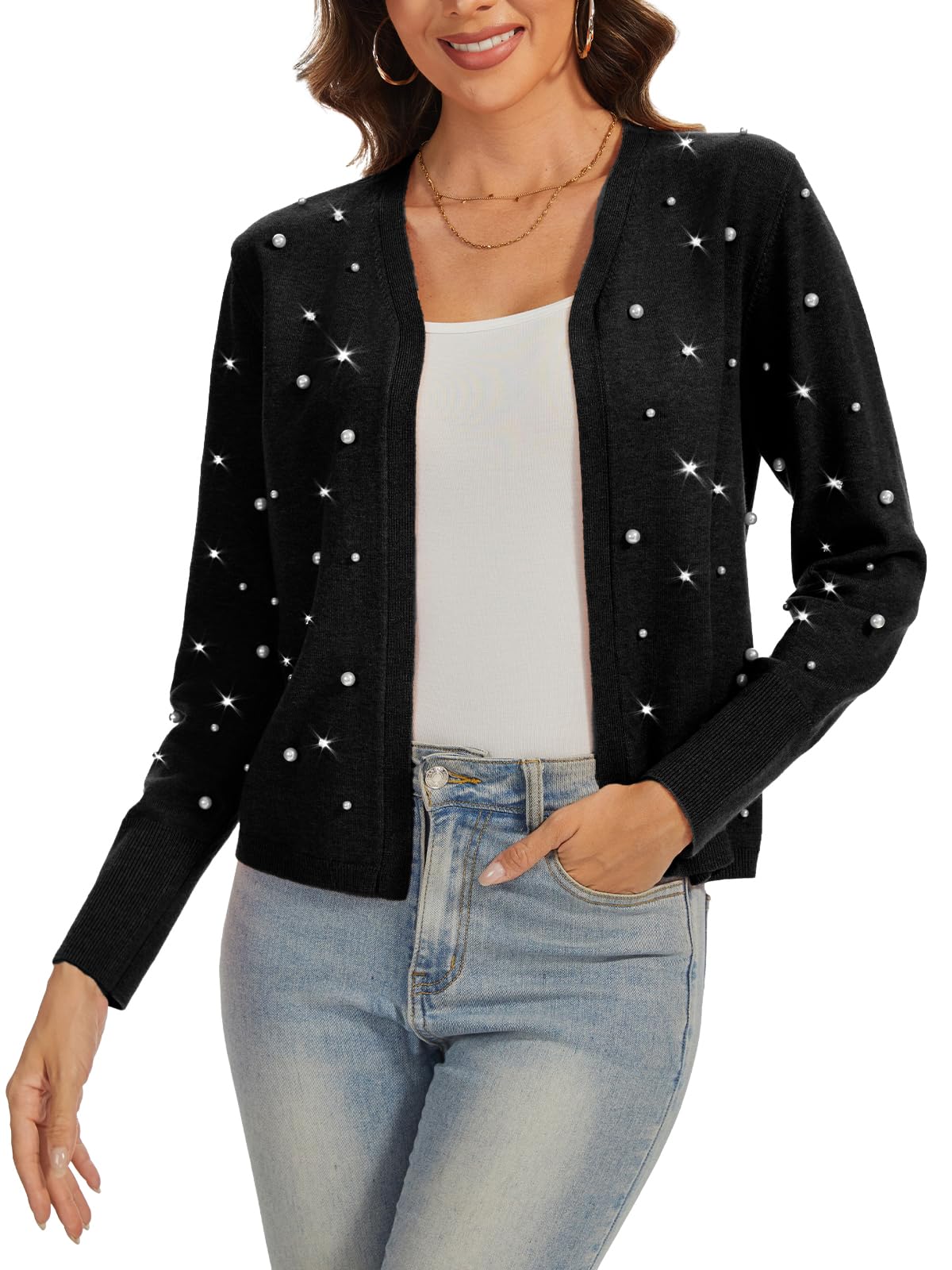 Cardigan Sweater for Women Long Sleeve Open Front Shrug with Pearl and Rhinestone