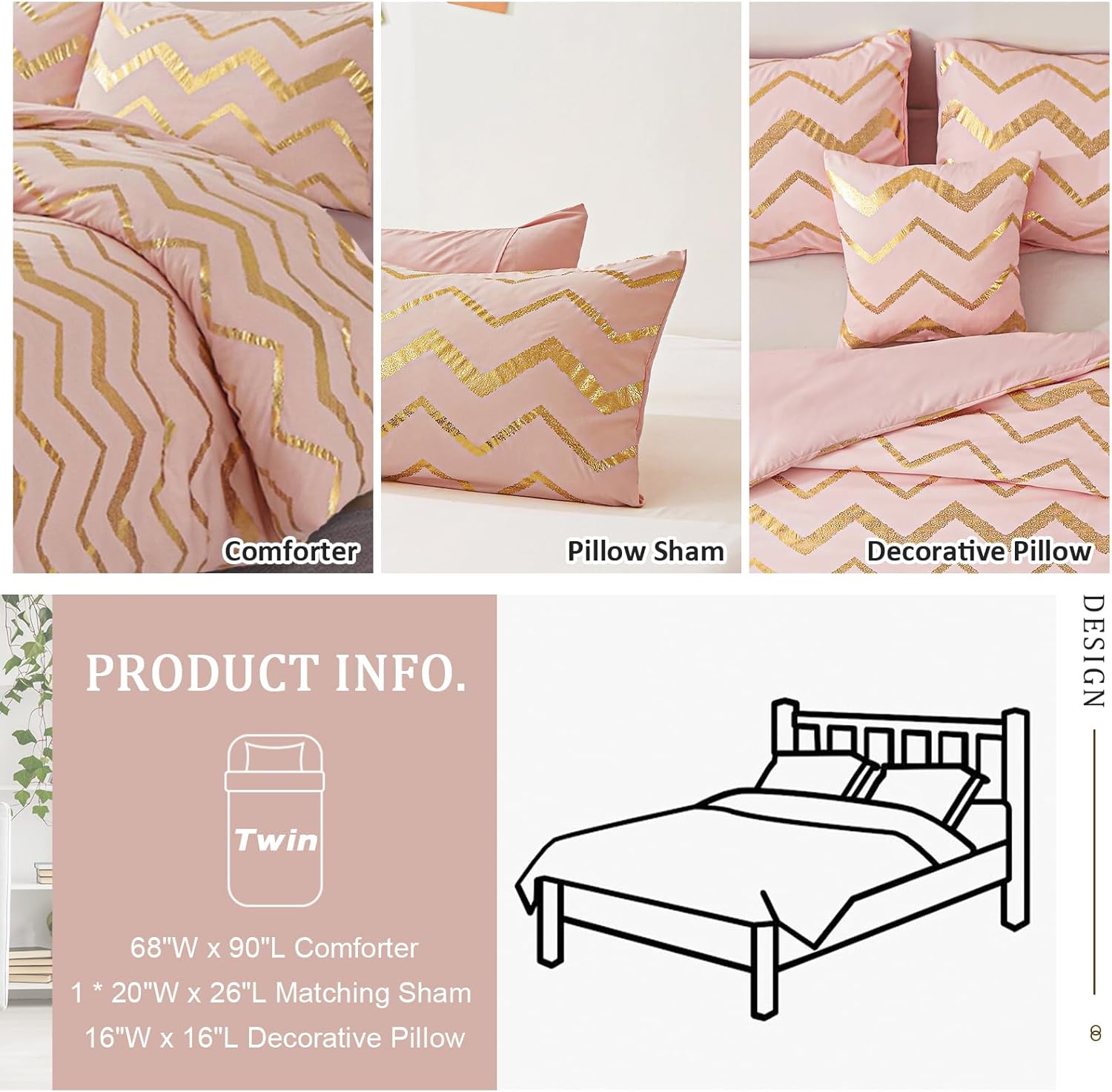 Menghomeus Pink Comforter Set Twin/Twin XL Size Metallic Blush and Rose Gold Bed Comforter 3 Piece Soft Microfiber Bedding for Teen Girls Women (1 Pillow Sham + 1 Decorative Pillow Sham)