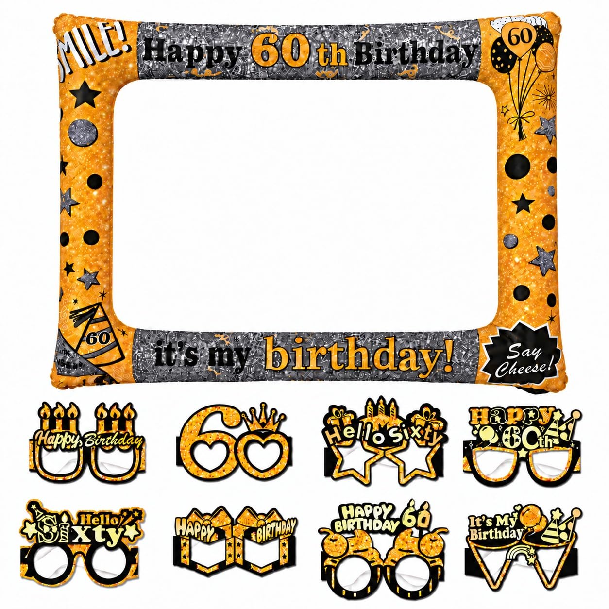60th Birthday Photo Booth Props Set, Black Gold Silver Inflatable Selfie Frame with 8 Paper Novelty Glasses, Party Decorations and Accessories for Men and Women, 60 Years Milestone Celebration Gift