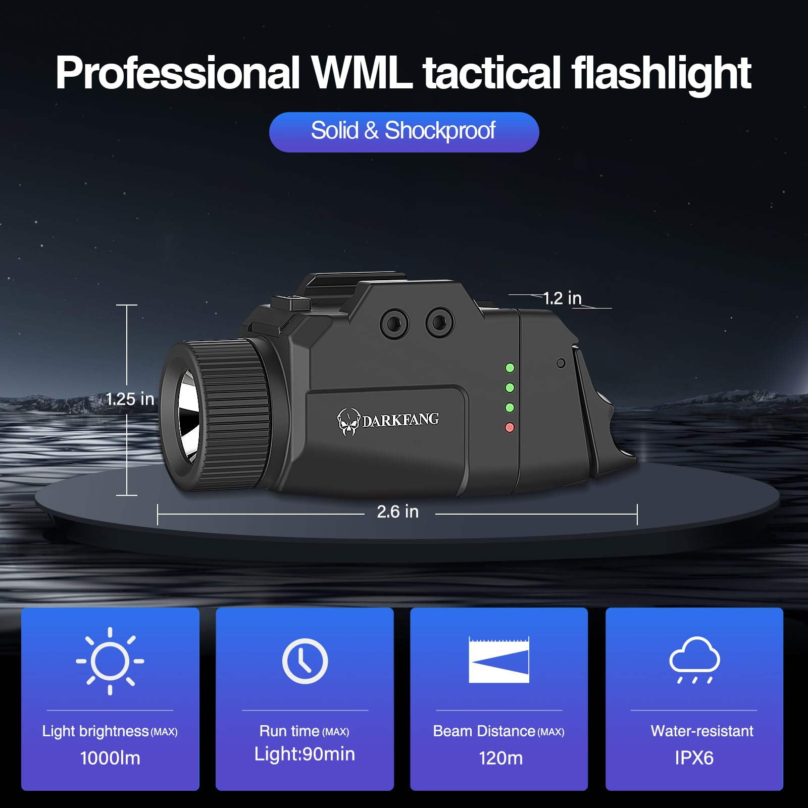DARKFANG Lumière tactique compacte de 1000 lumens avec 2 commutateurs différents pour le rail picatinny