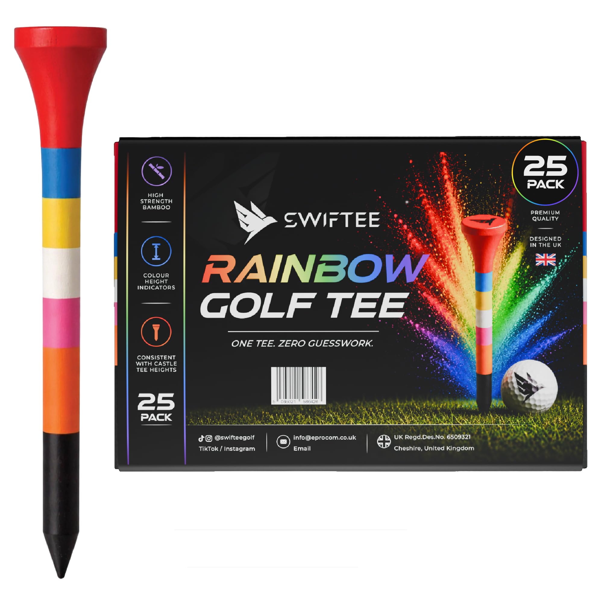 SWIFTEE Rainbow Golf Tees | Colour Coded Bamboo Golf Tees with Castle Tee Height References | Multi Height Golf Tee for Driver, Hybrid & Iron Shots | One Tee Zero Guesswork (50, 70mm)