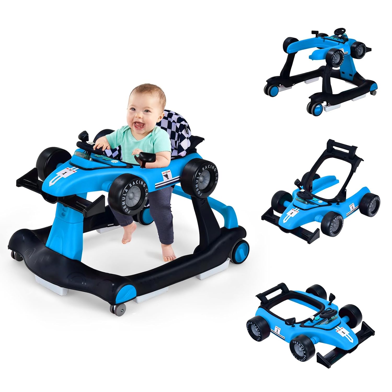 HOMGX Baby Walker with Wheels, Convertible Baby Push Walker & Race Car Mode, Infant Activity Center with Music Box, 3 Heights & 2 Speeds, Foldable Walkers for 6-18 Months (Blue)