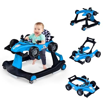 HOMGX Baby Walker with Wheels, Convertible Baby Push Walker & Race Car Mode, Infant Activity Center with Music Box, 3 Heights & 2 Speeds, Foldable Walkers for 6-18 Months Blue