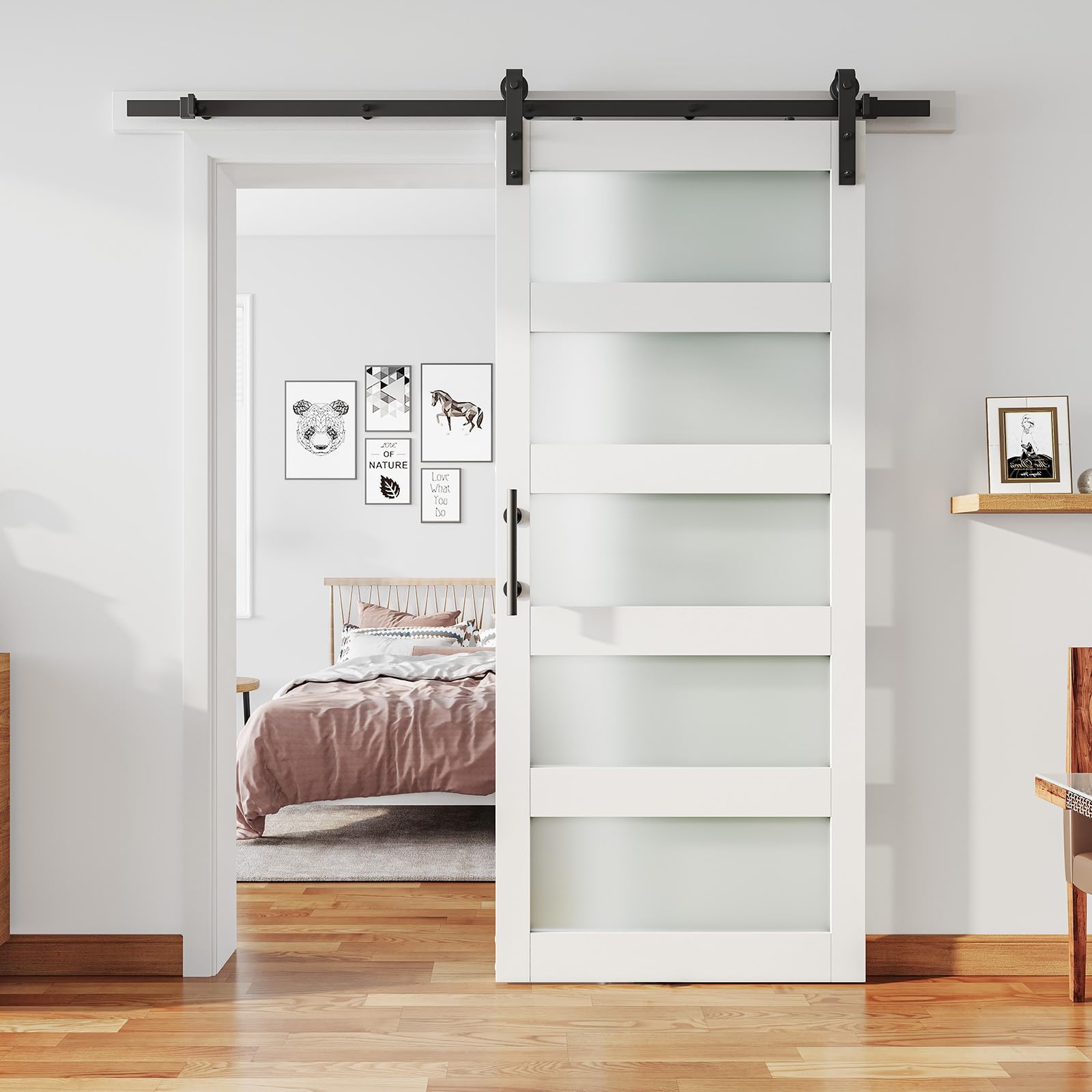 36'' x 84'' Glass Barn Door and 6.6 Ft Hardware Kit Included, MDF White Barn Door Slab with Frosted Glass, PVC Surface, Combined with Handle and Floor Guide-Assembly Required, White