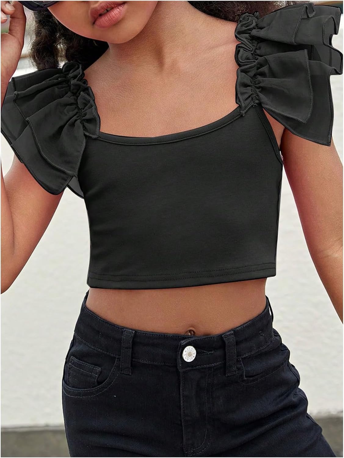 WDIRARA Girl's Ruffle Trim Bow Back Tiered Layer Square Neck Wide Strap Slim Fit Crop Cami Top - Image 3