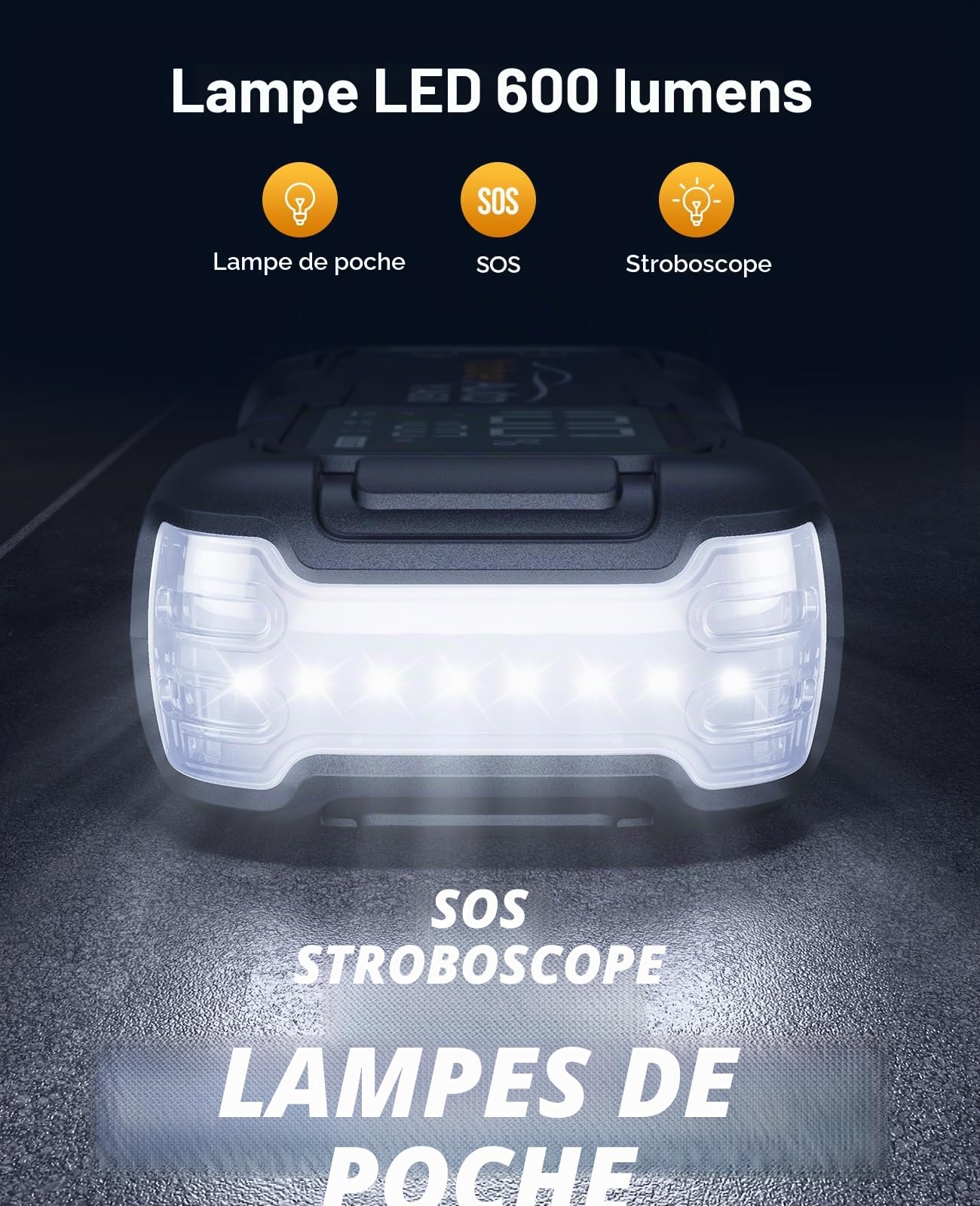YaberAuto YA60 Batterie de démarrage, à charge rapide, 45 W, avec écran LCD de 3,3", lampe de poche LED 600 lumens, courant de crête 6000 A, pour voiture